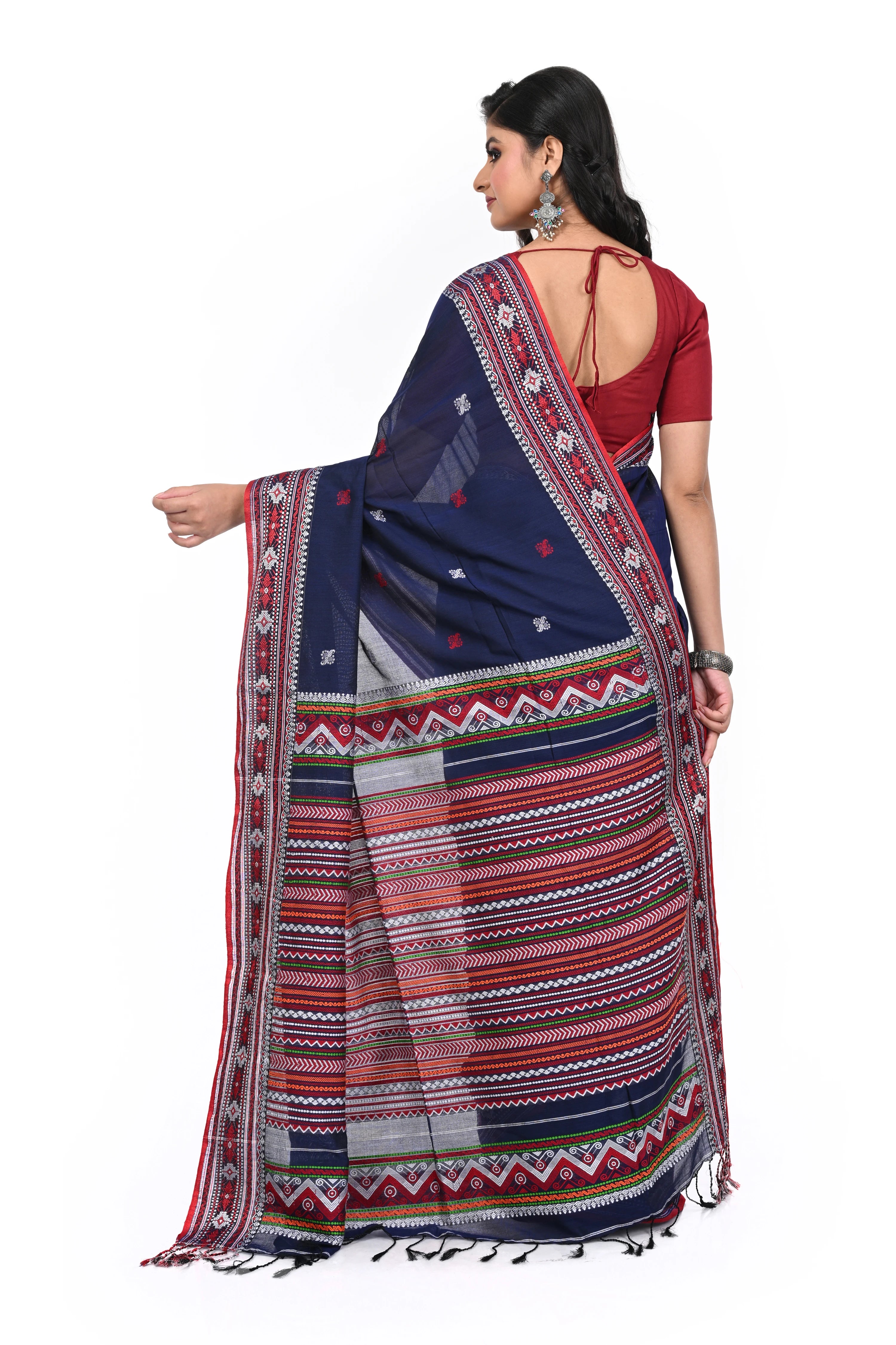 Red Border Blue Saree with Buta and Decorated Pallu