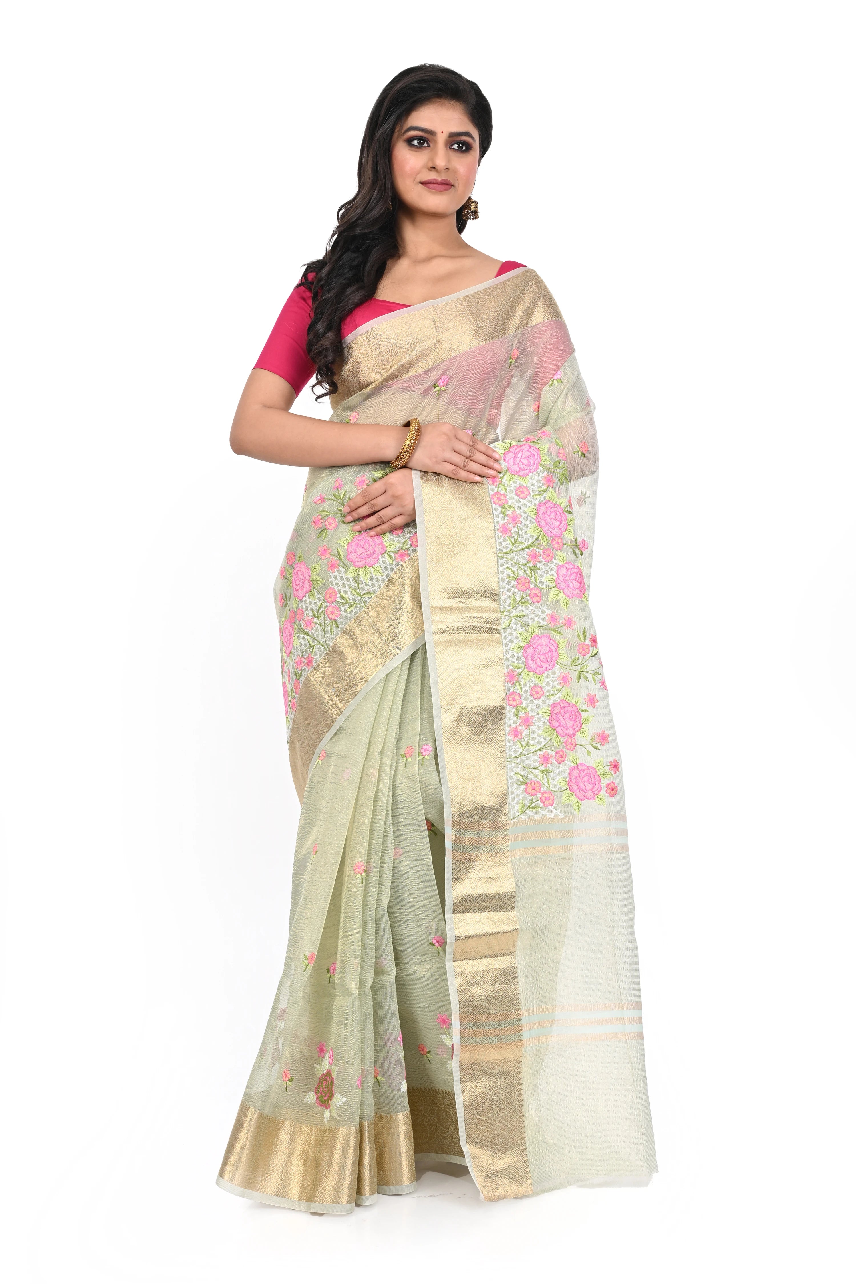 Crushed Tissue Zari Border Embroidery Saree