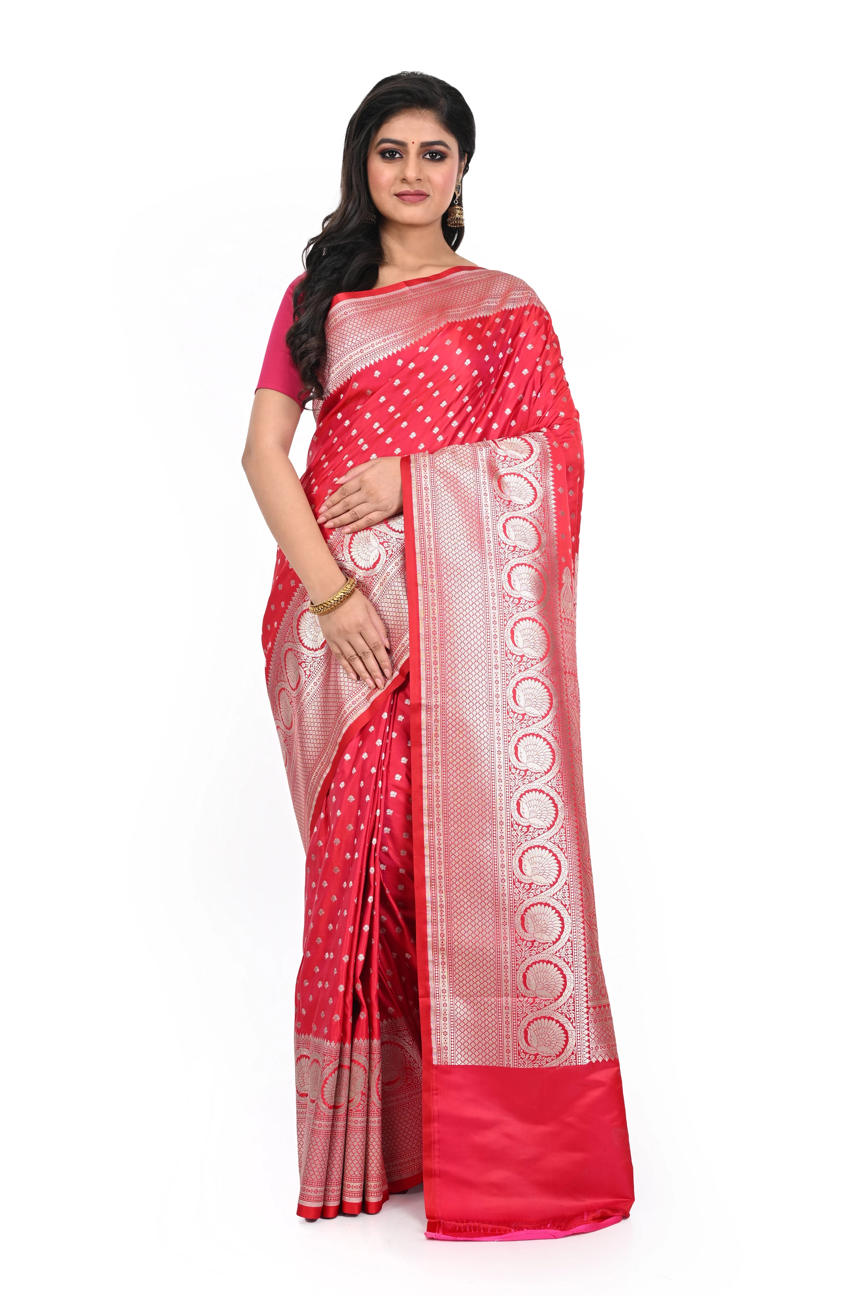 Mashru Benarasi Saree with Big Border Pinkish Red Colour Saree