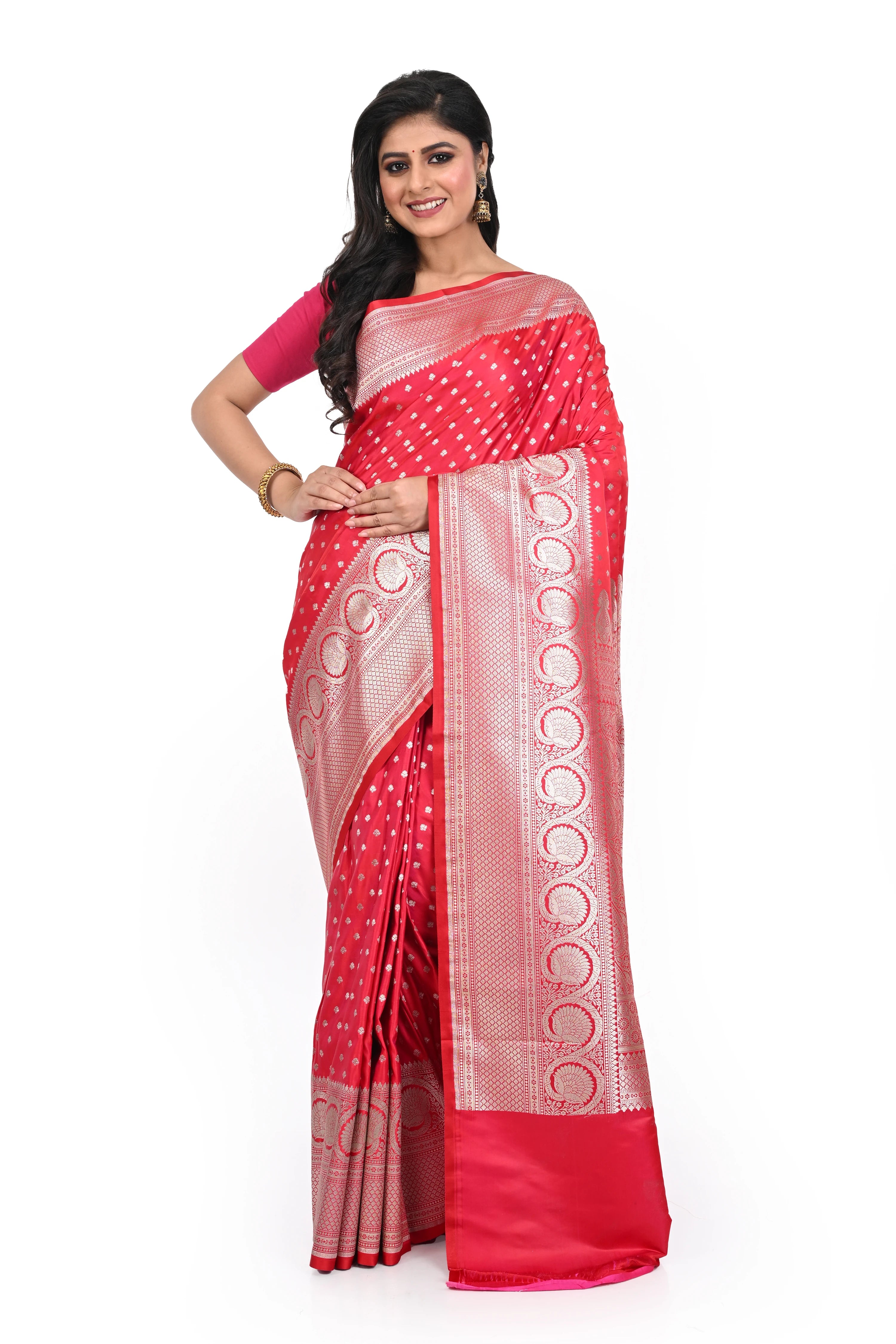 Mashru Benarasi Saree with Big Border Pinkish Red Colour Saree