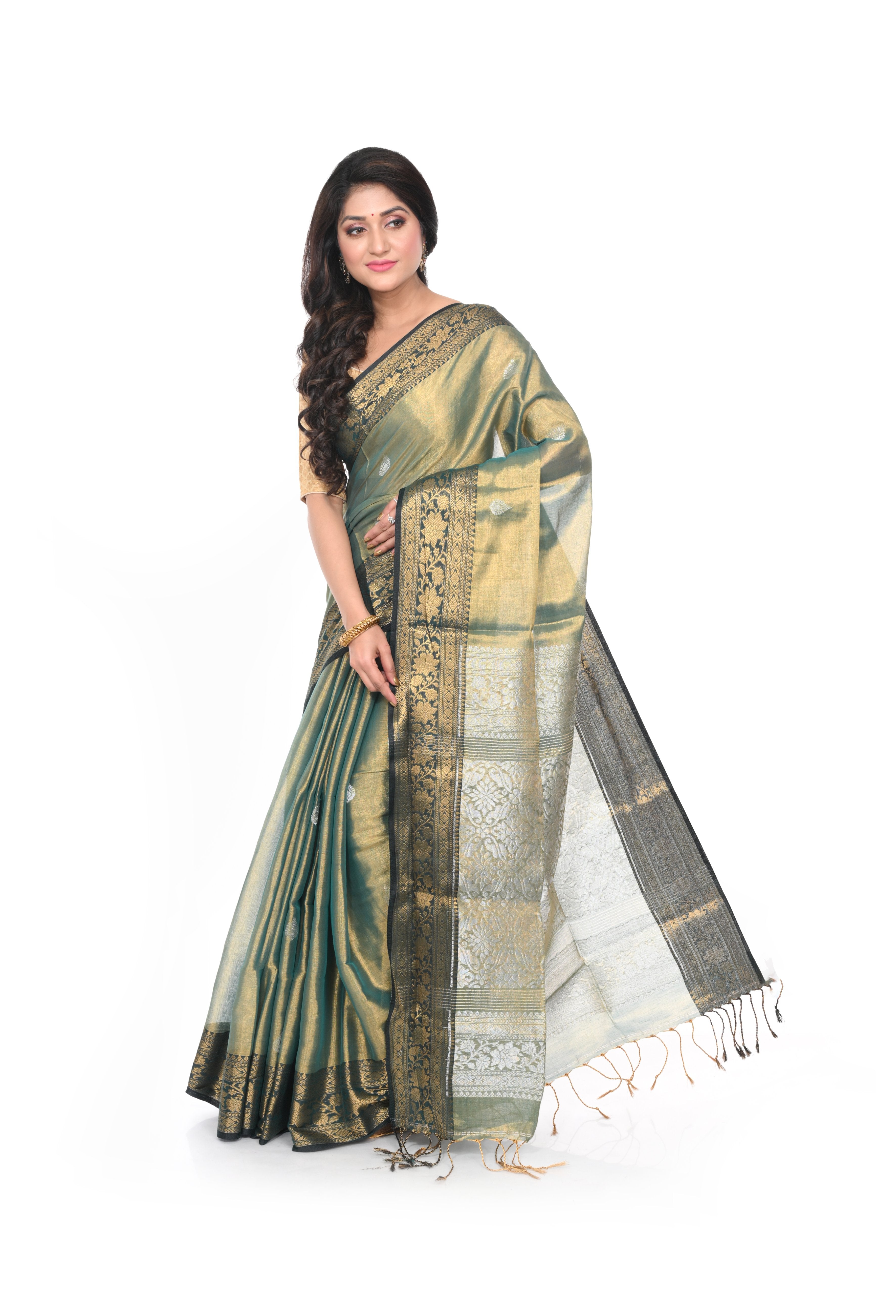 Olive green golden tissue handloom saree