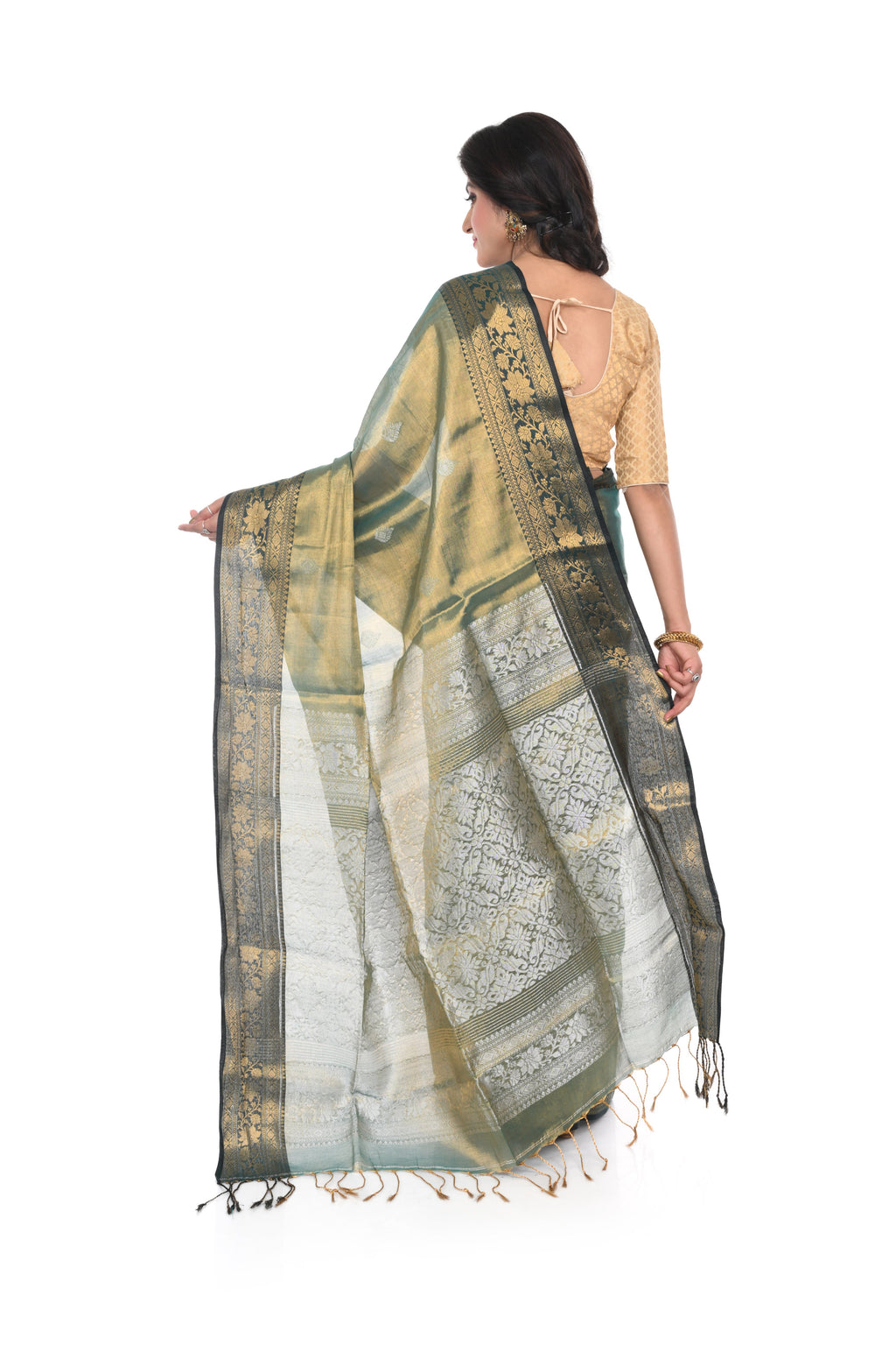 Olive green golden tissue handloom saree