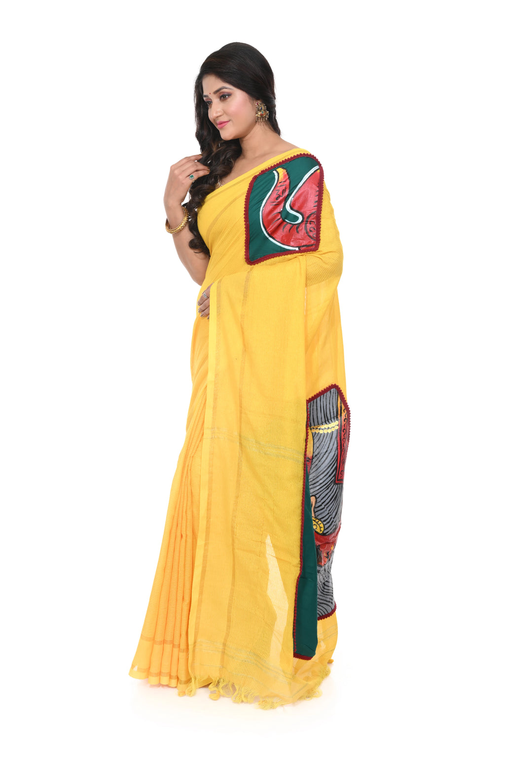 Yellow Handloom Saree with Hand Painted Patch Work