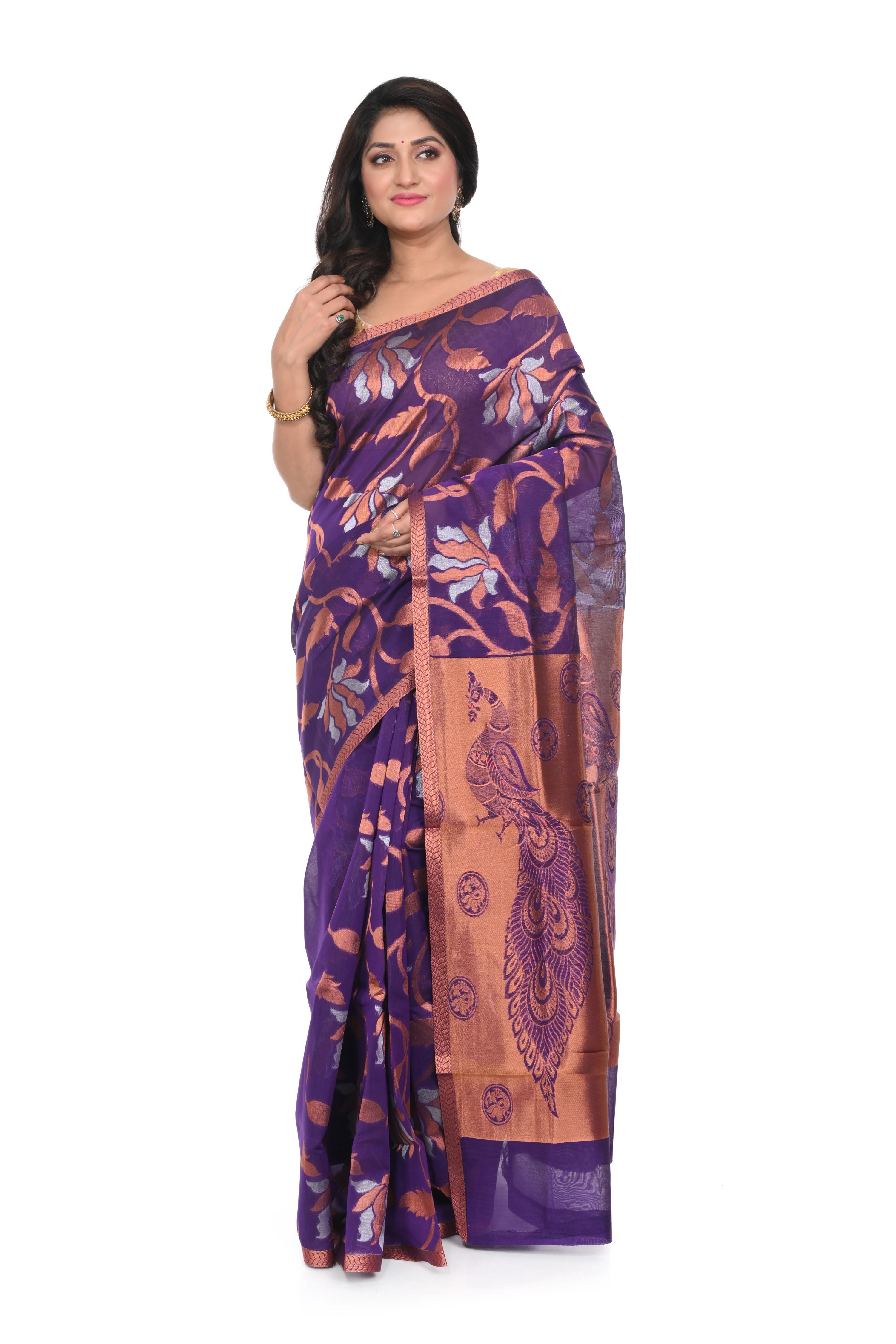 Silk Cotton Saree Violet Blue Colour with Zari Worked