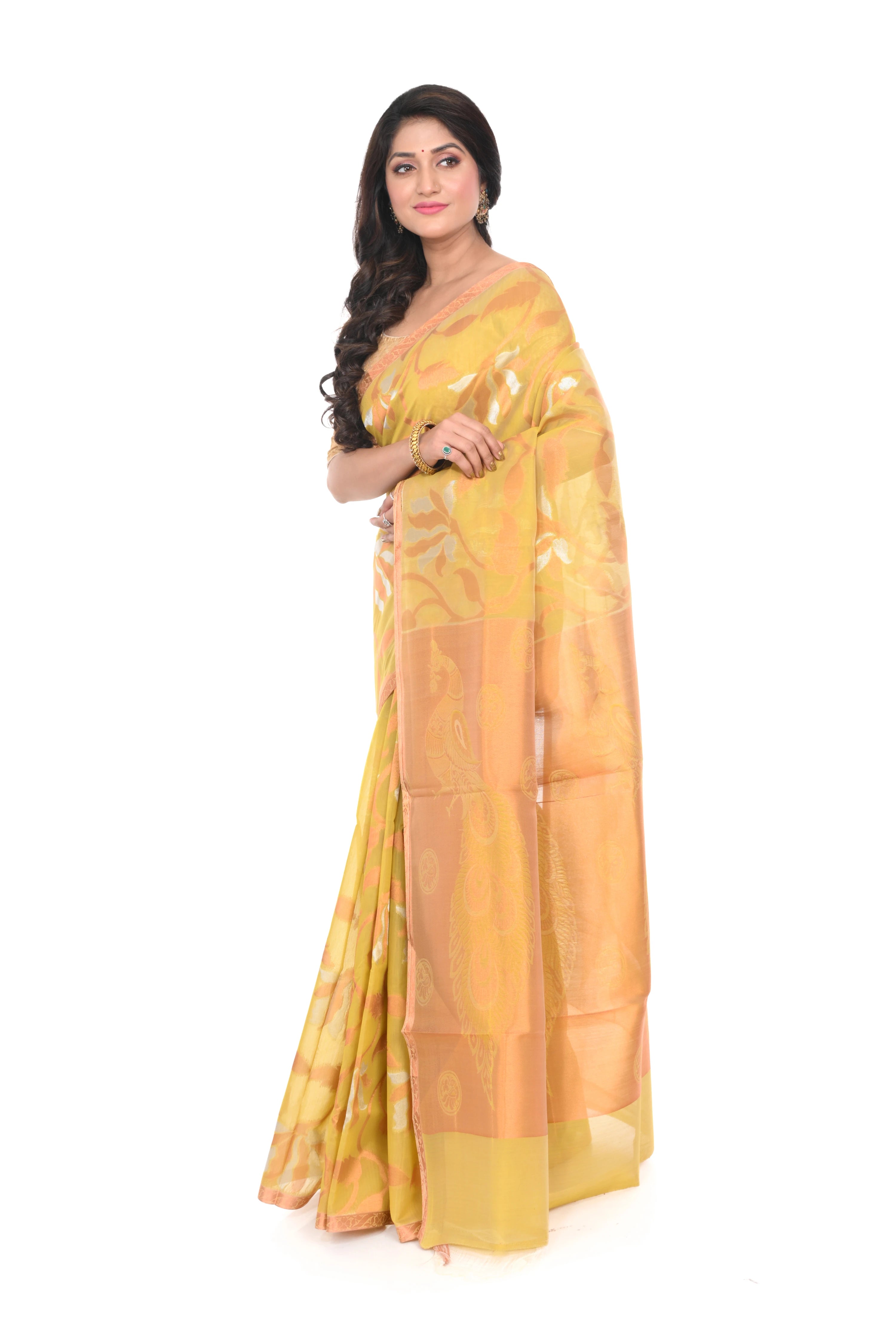 Silk Cotton Zari Worked Golden Coloured Saree
