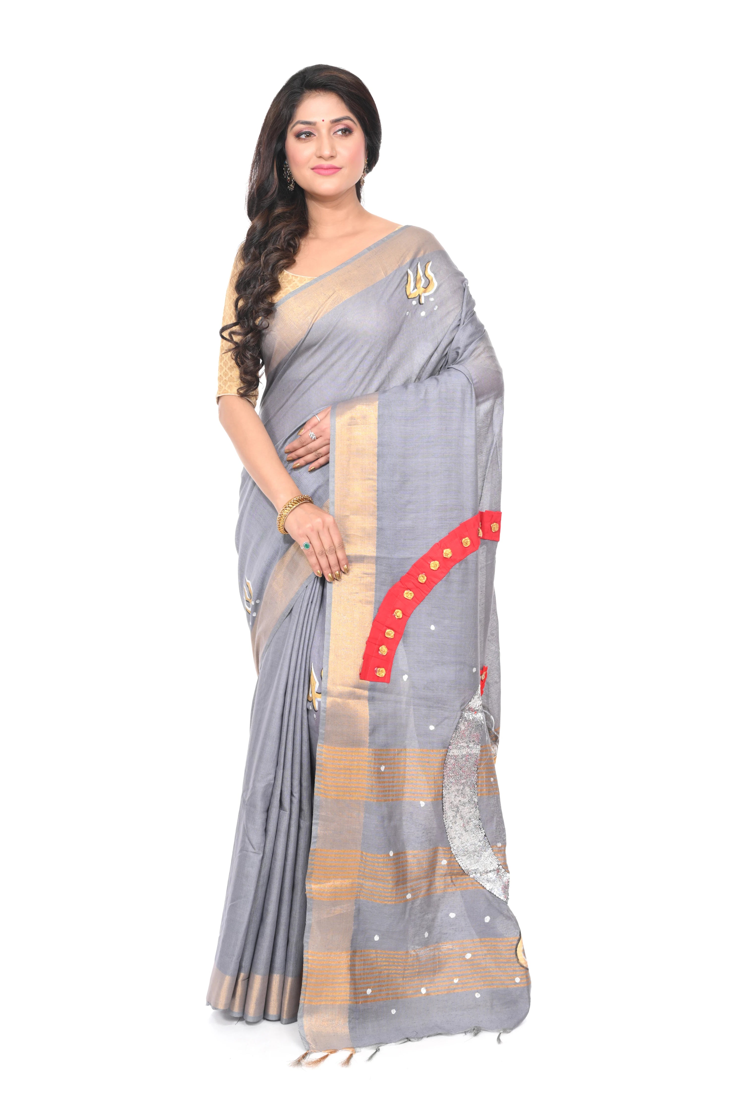Grey Coloured Hand Decorated Semi Tussar Saree with 3D Work