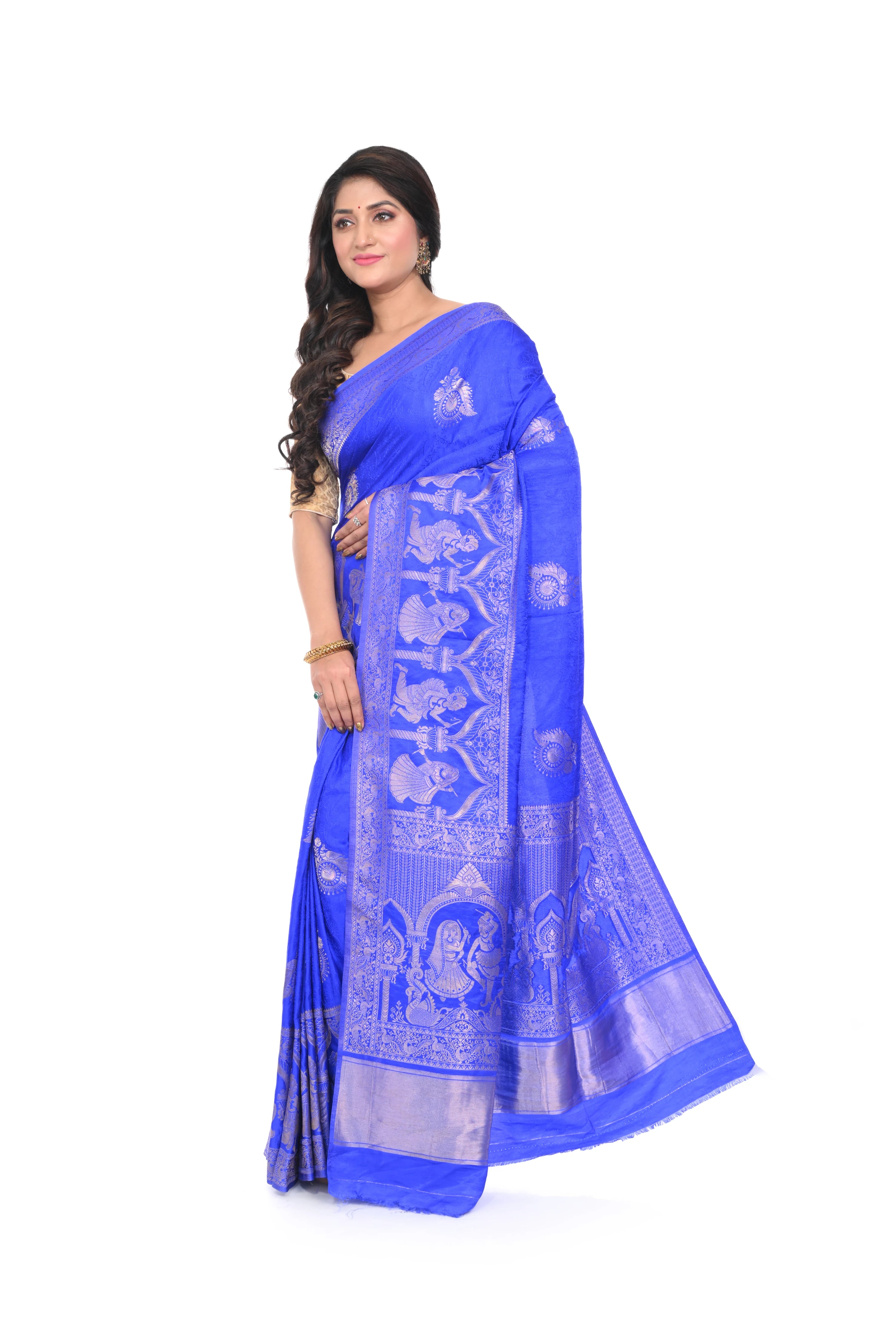 Royal Blue Mashru Silk Saree with Zari Border and Pallu