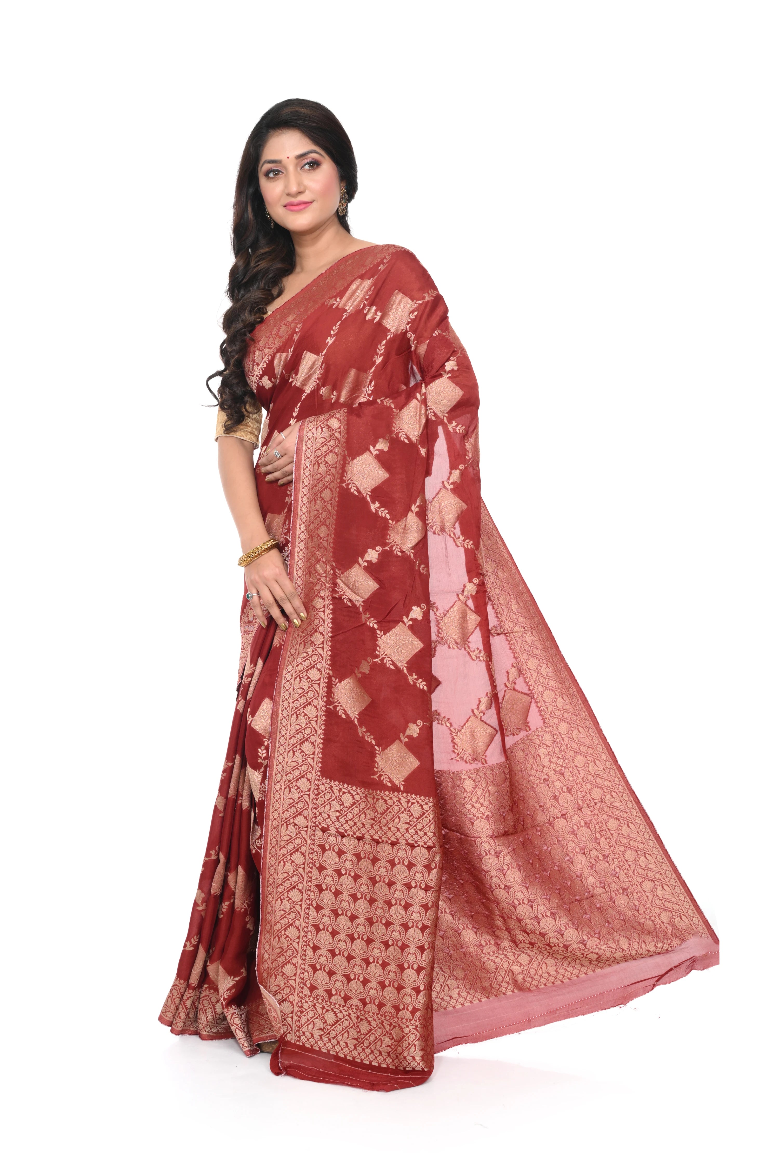Chocolate Red Mashru Silk Saree