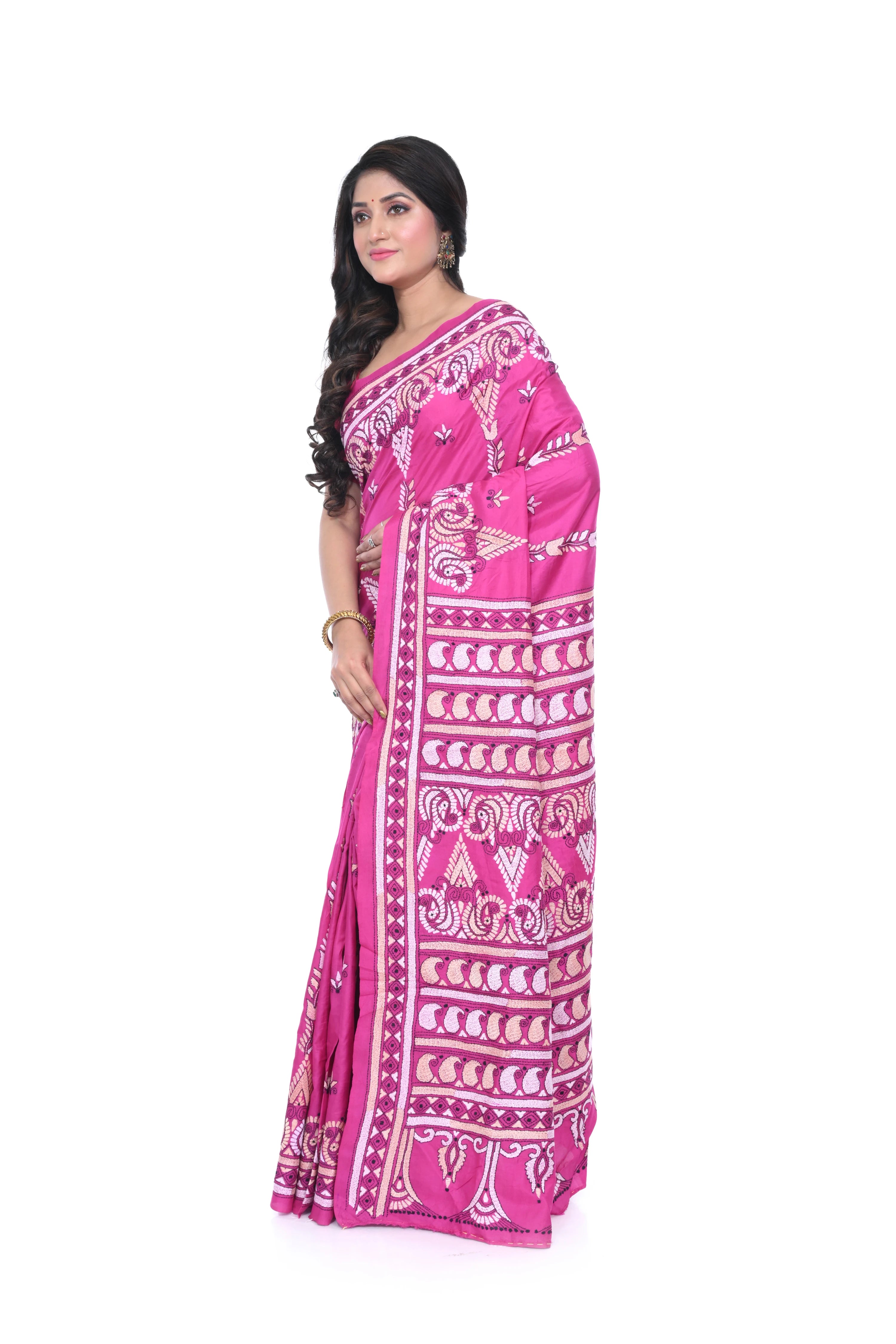 Pink Kantha Pure Silk Saree with Multi Thread Worked