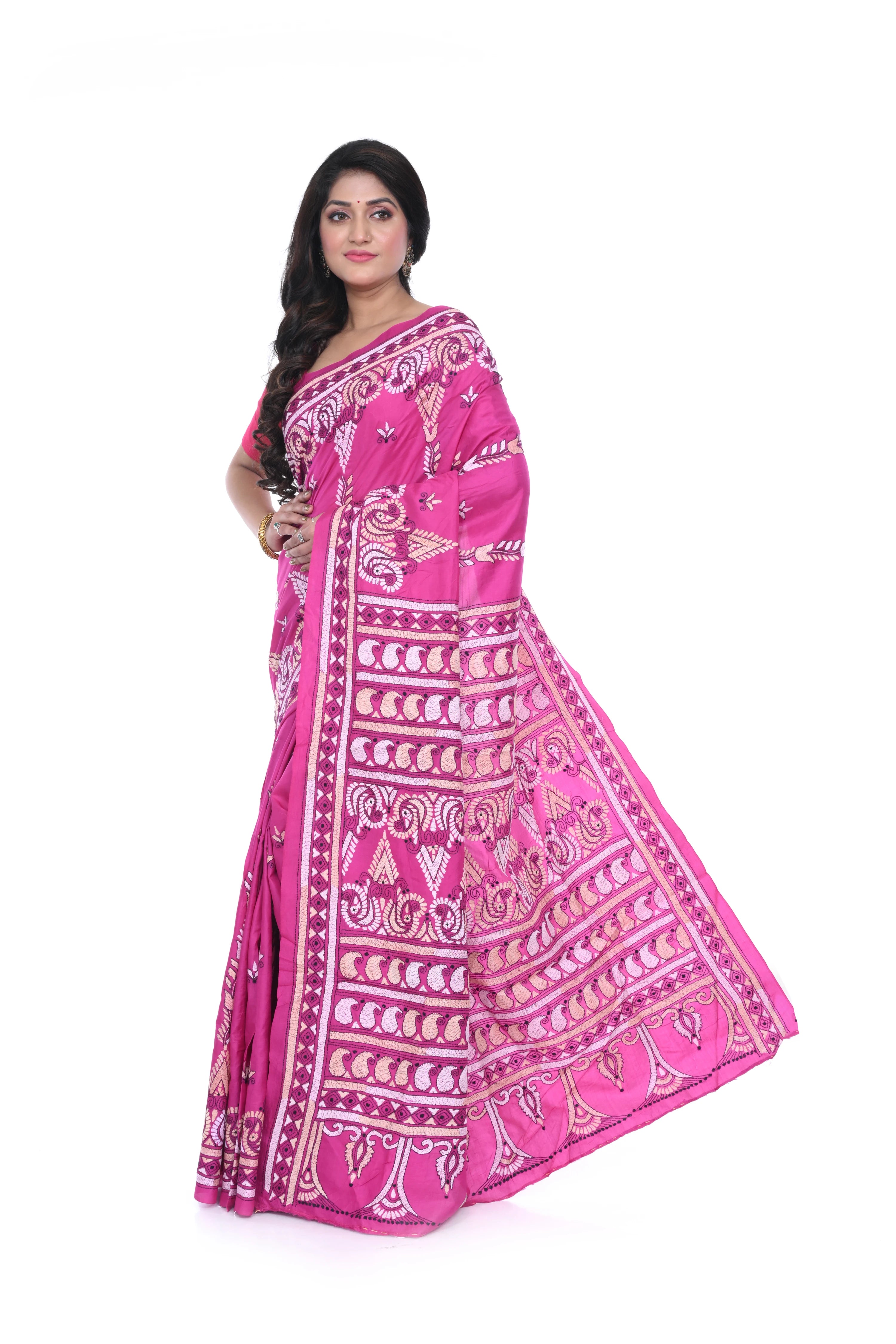 Pink Kantha Pure Silk Saree with Multi Thread Worked
