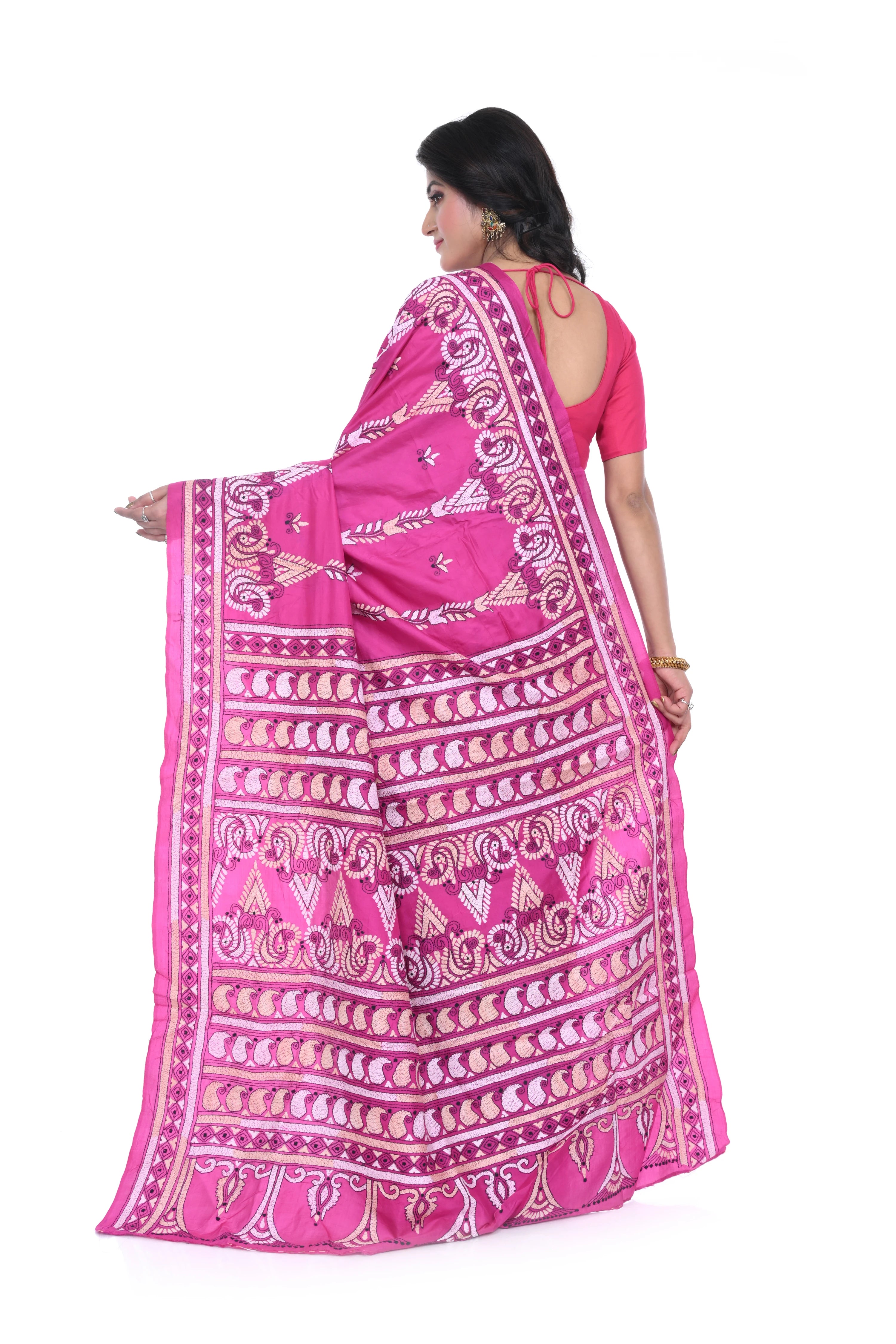 Pink Kantha Pure Silk Saree with Multi Thread Worked