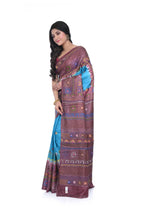Firozi Blue Deep Brown Border Pure Tussar Saree with Hand Lumbani Worked