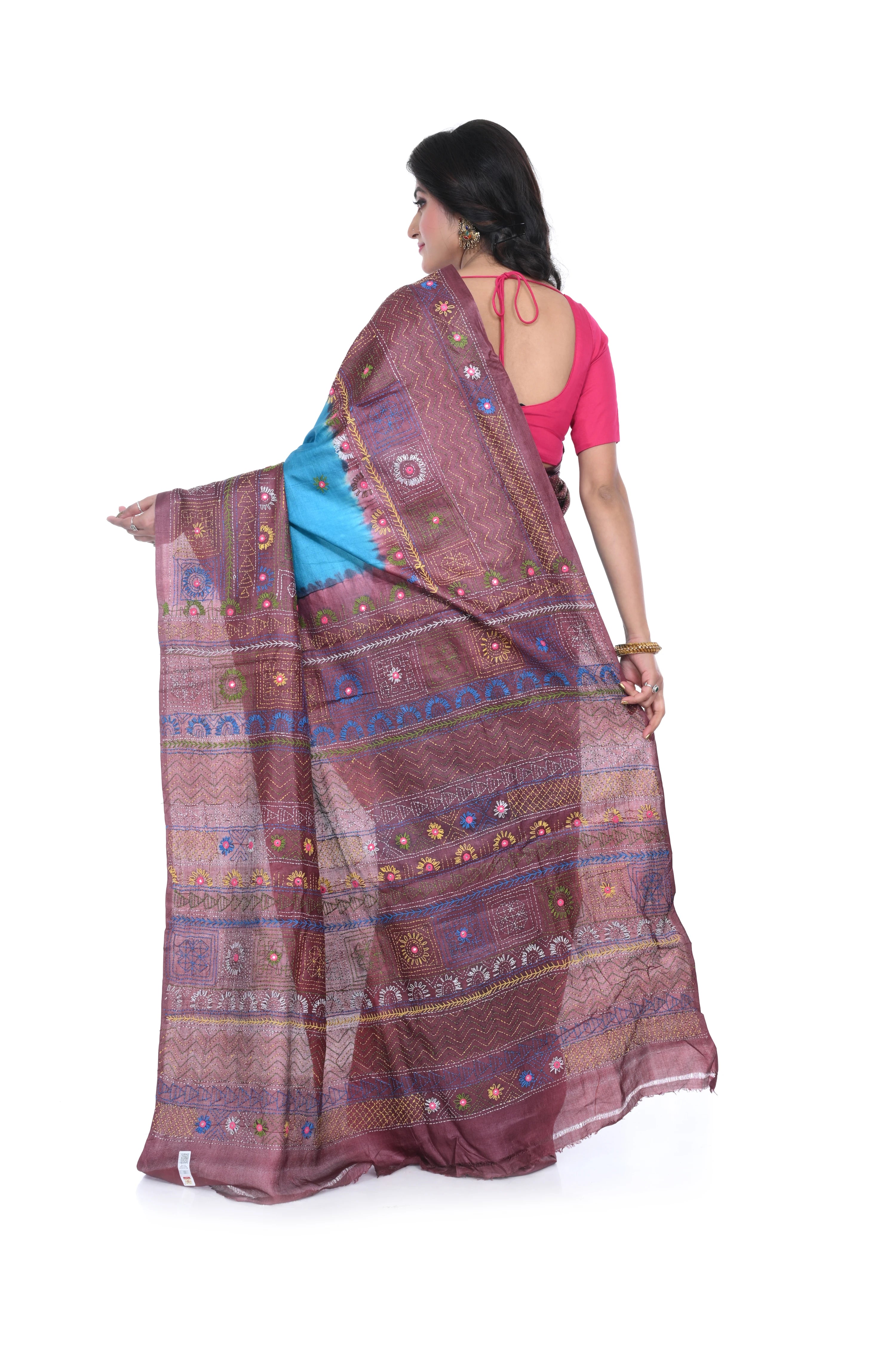 Firozi Blue Deep Brown Border Pure Tussar Saree with Hand Lumbani Worked