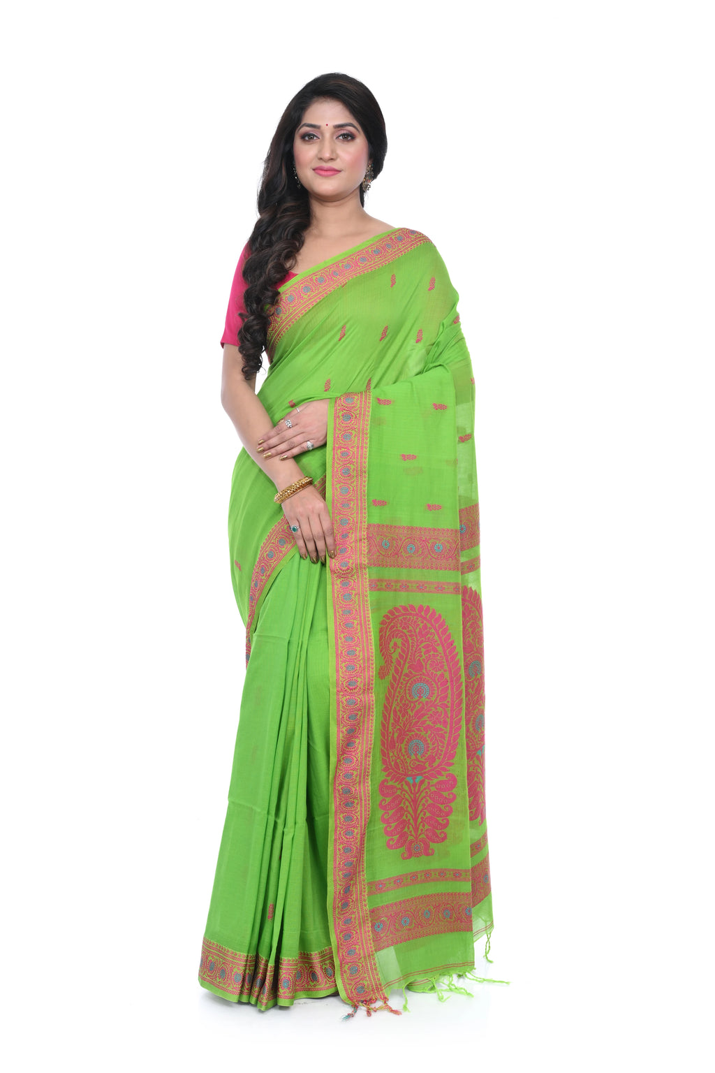 Parrot Green Cotton Baluchori Handloom Saree