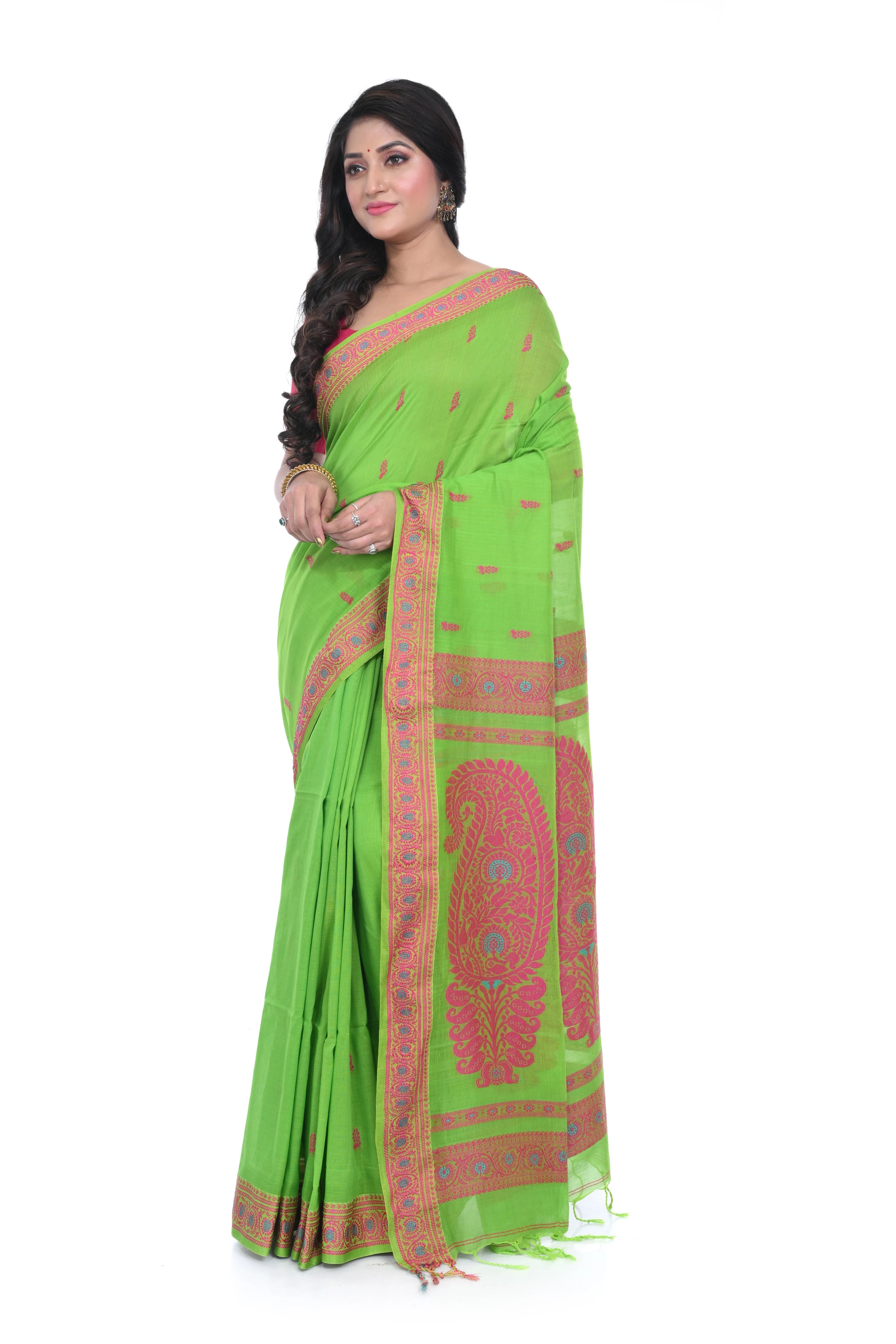 Parrot Green Cotton Baluchori Handloom Saree
