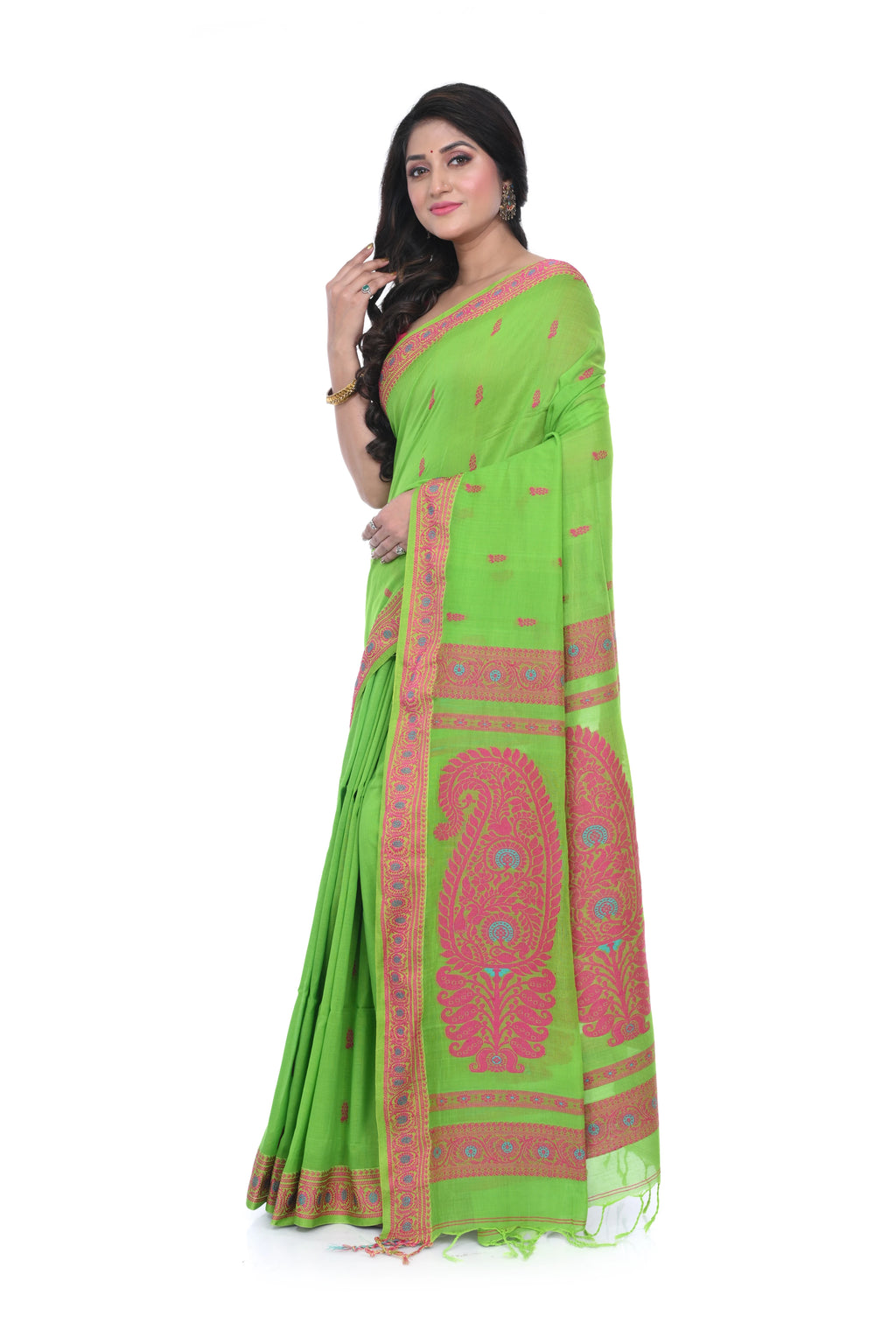 Parrot Green Cotton Baluchori Handloom Saree
