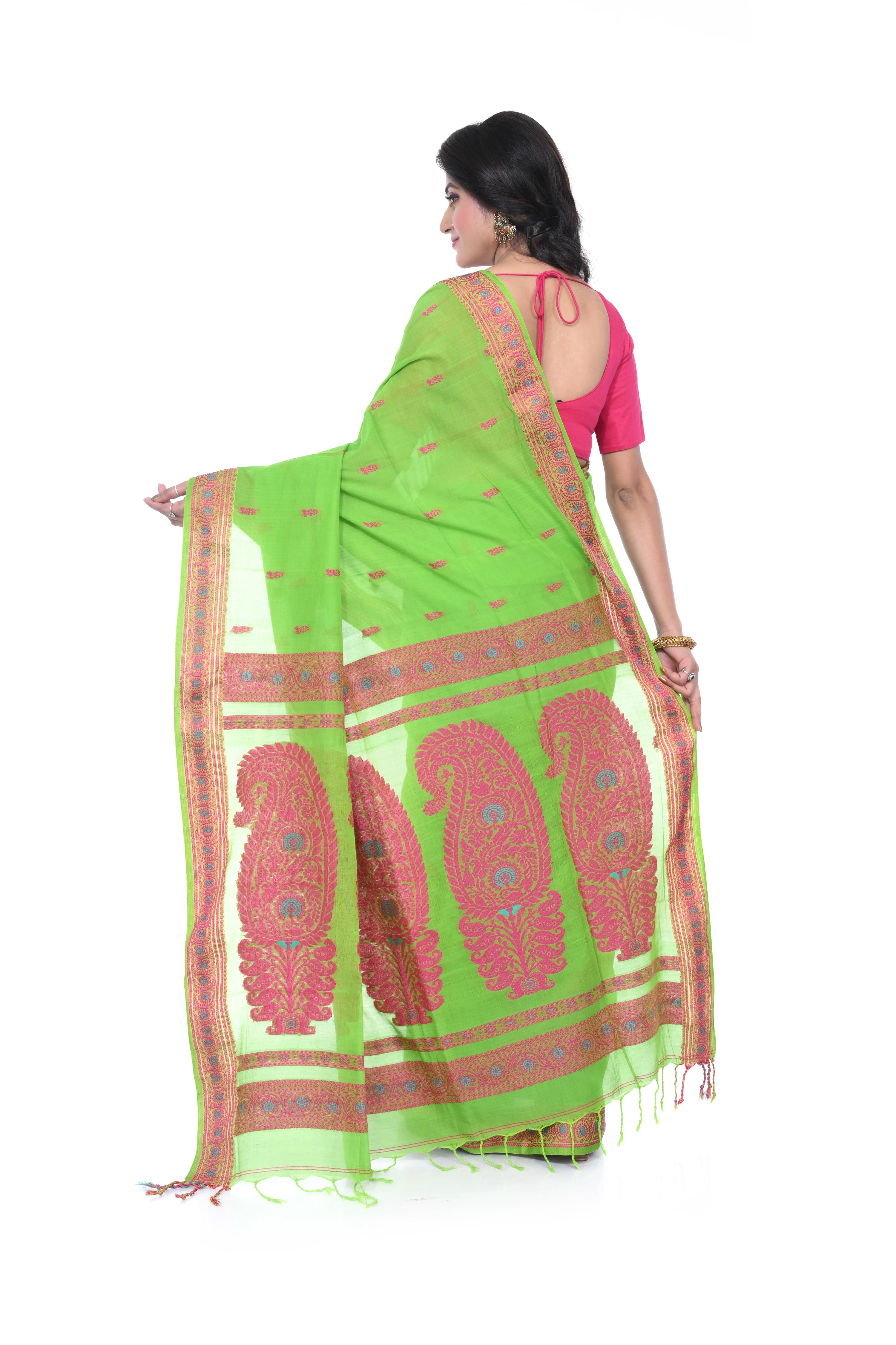 Parrot Green Cotton Baluchori Handloom Saree