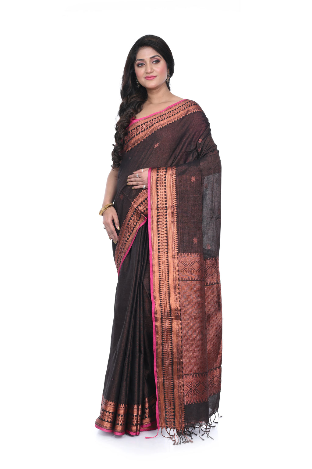 Handloom Copper Zari Weaving Saree with Border an Pallu