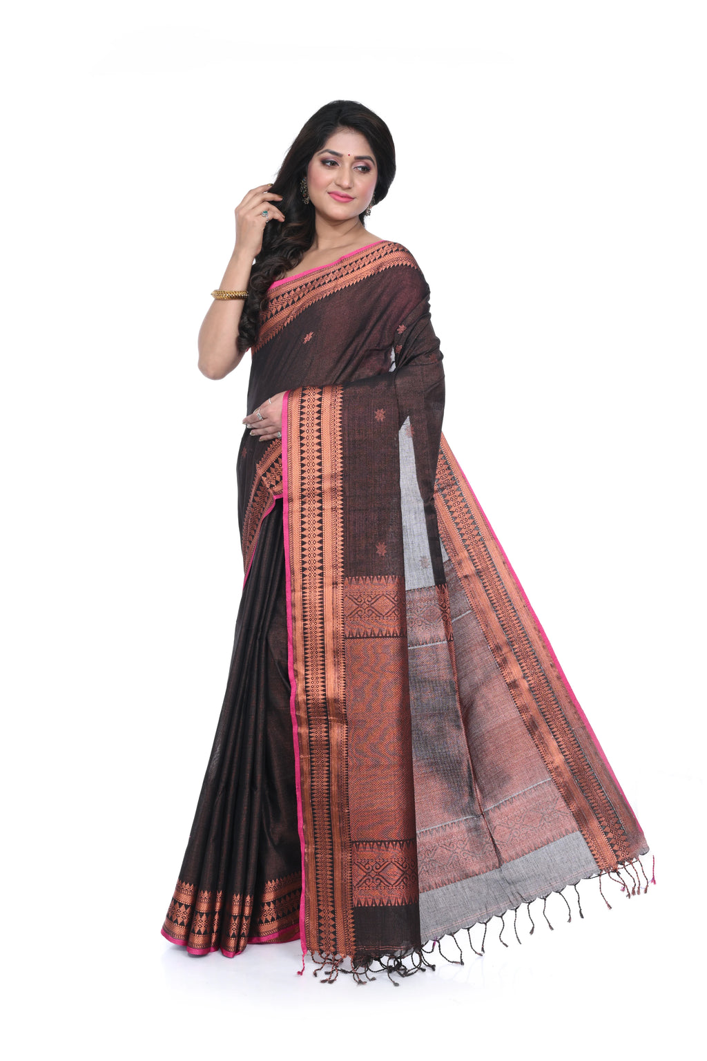 Handloom Copper Zari Weaving Saree with Border an Pallu