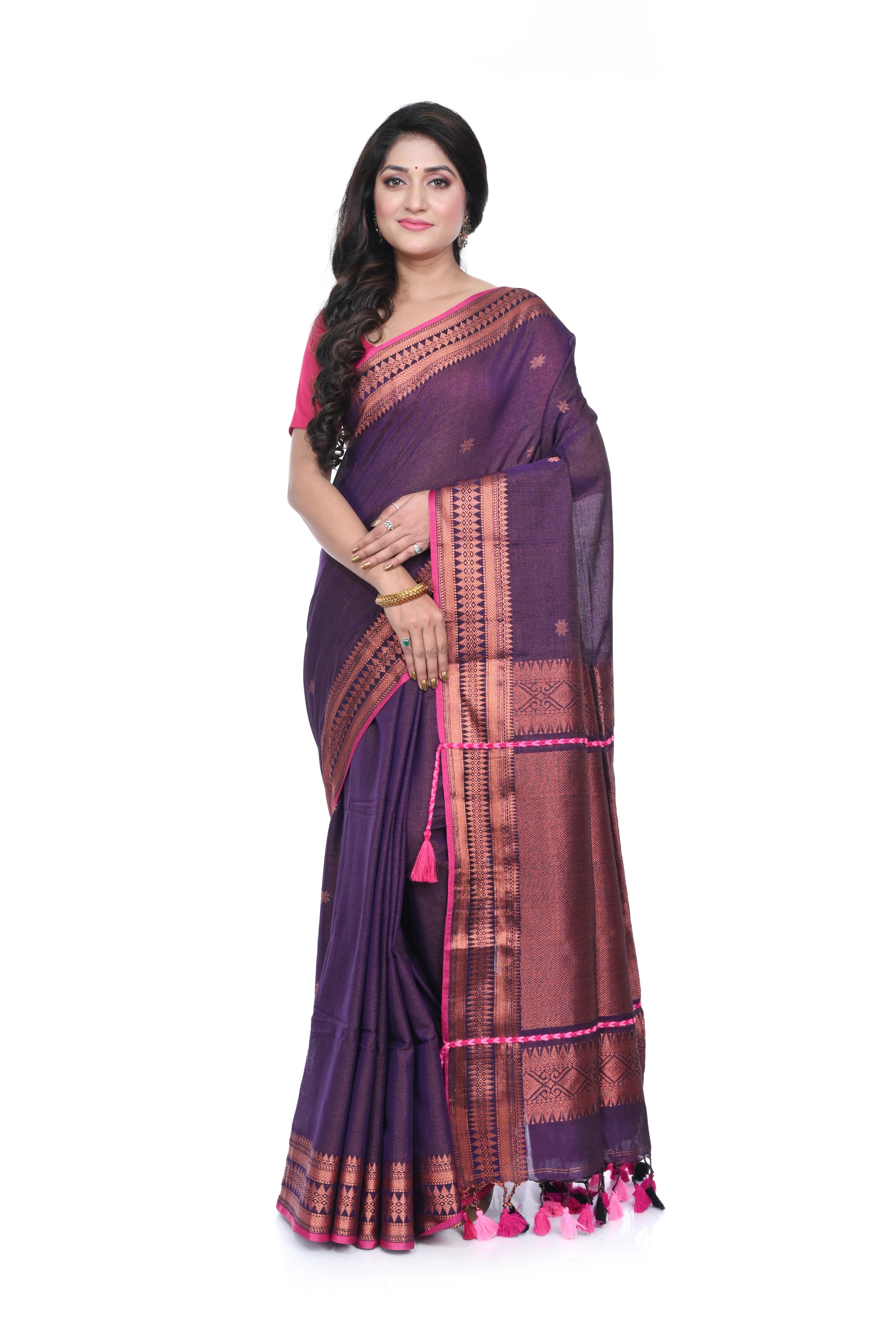 Wine Coloured Handloom Saree with Allover Zari Woven