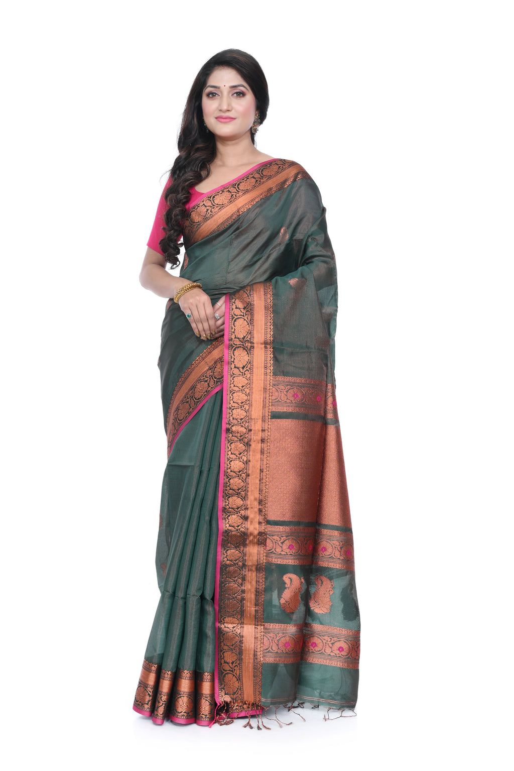 Panna Green Handloom Saree with Allover Zari Woven