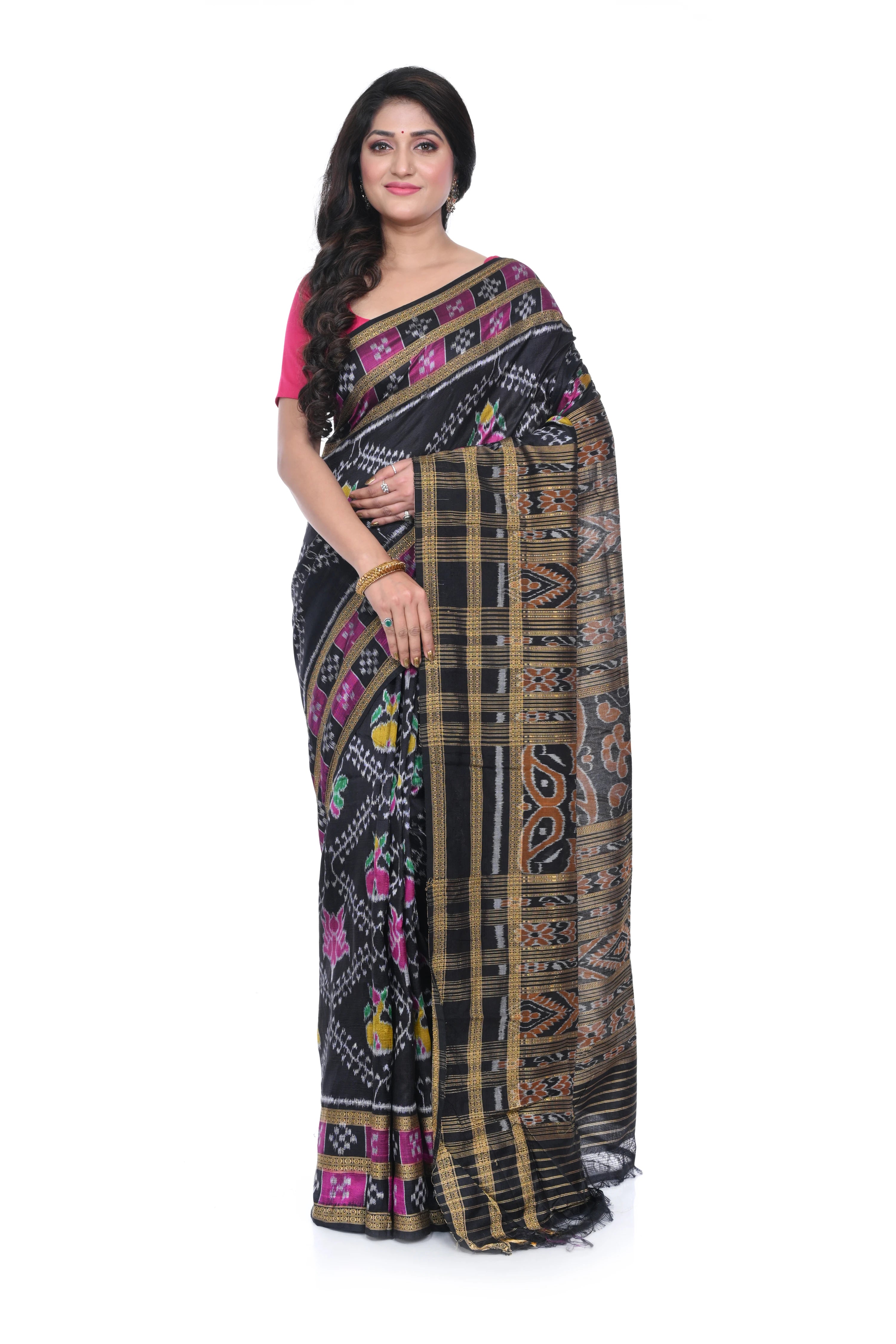 Black Coloured with Pink Lotus Motif Pure Khandua Silk Saree