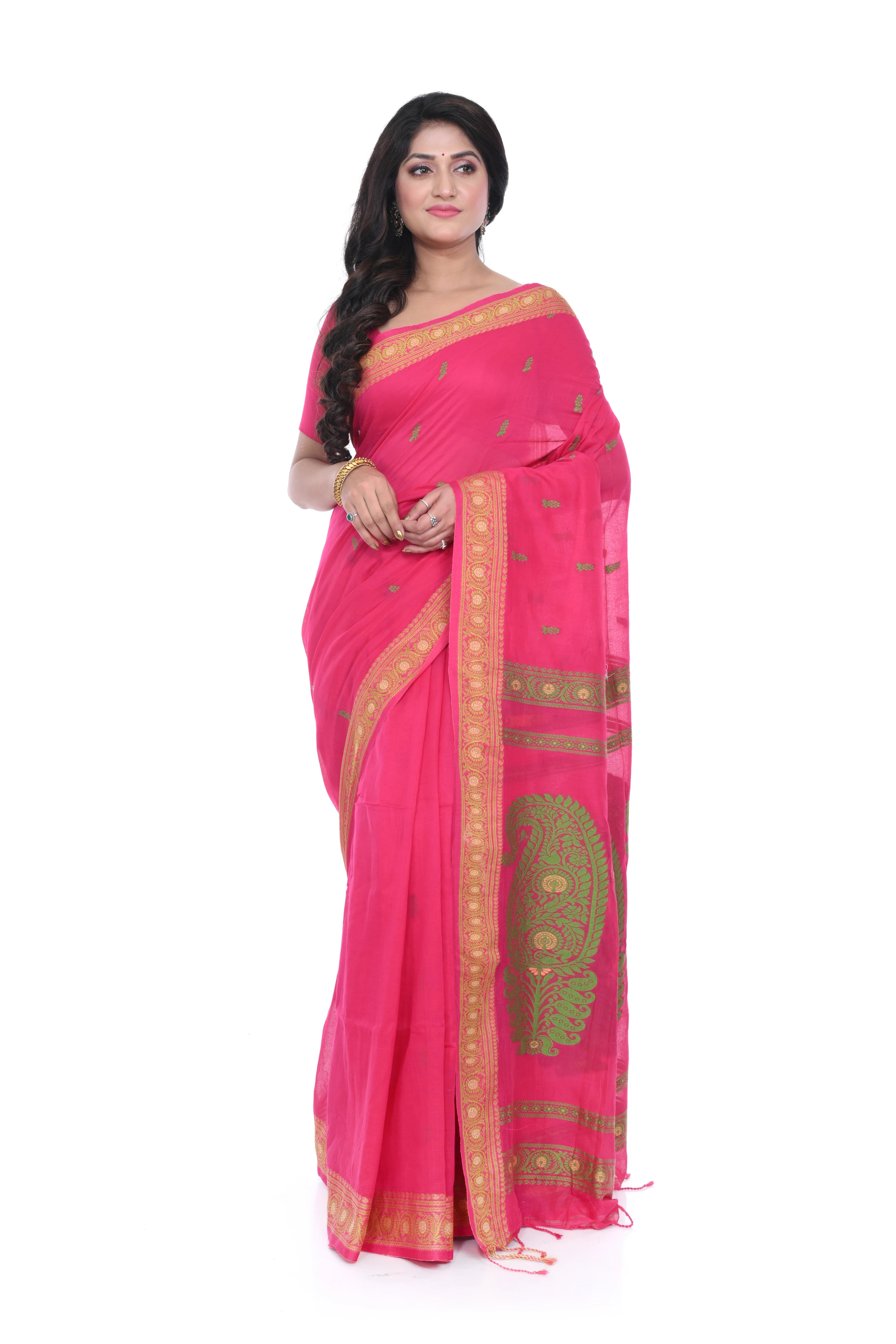 Pink Cotton Baluchori Saree with Green Motif
