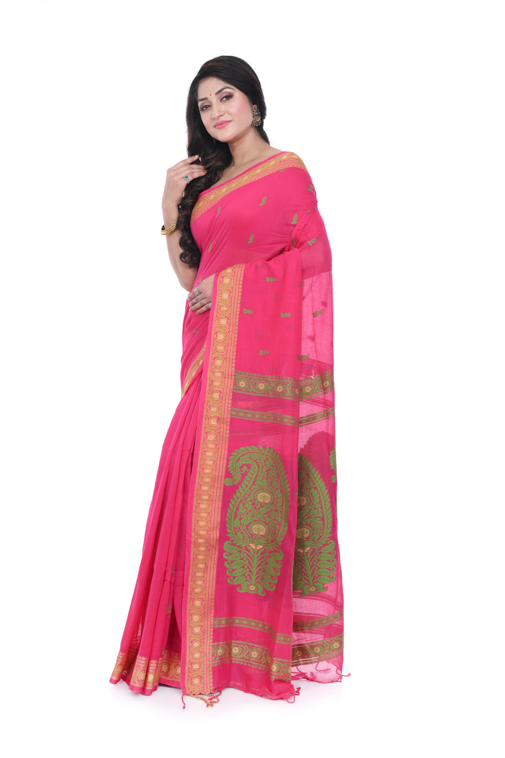 Pink Cotton Baluchori Saree with Green Motif