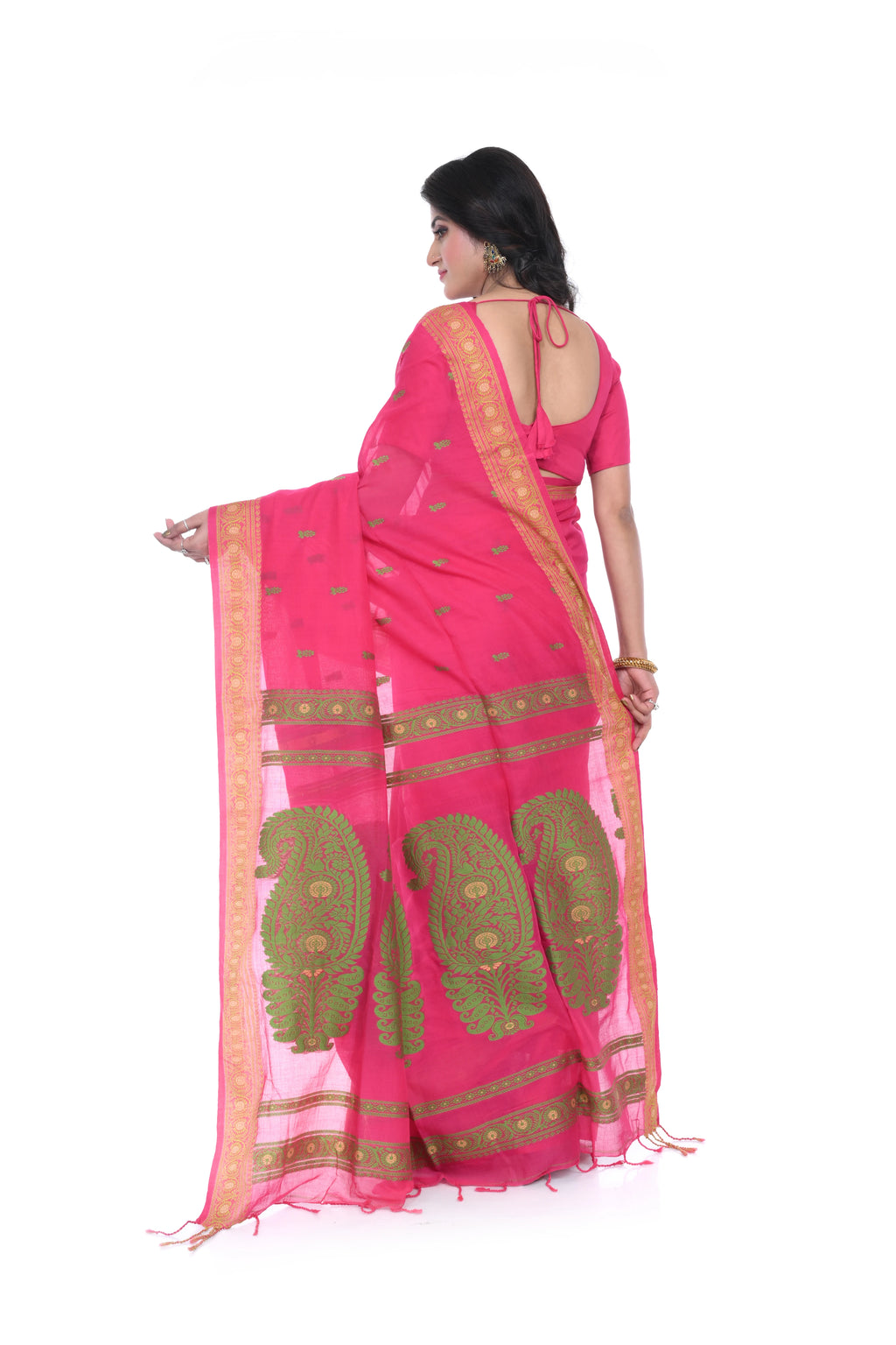 Pink Cotton Baluchori Saree with Green Motif