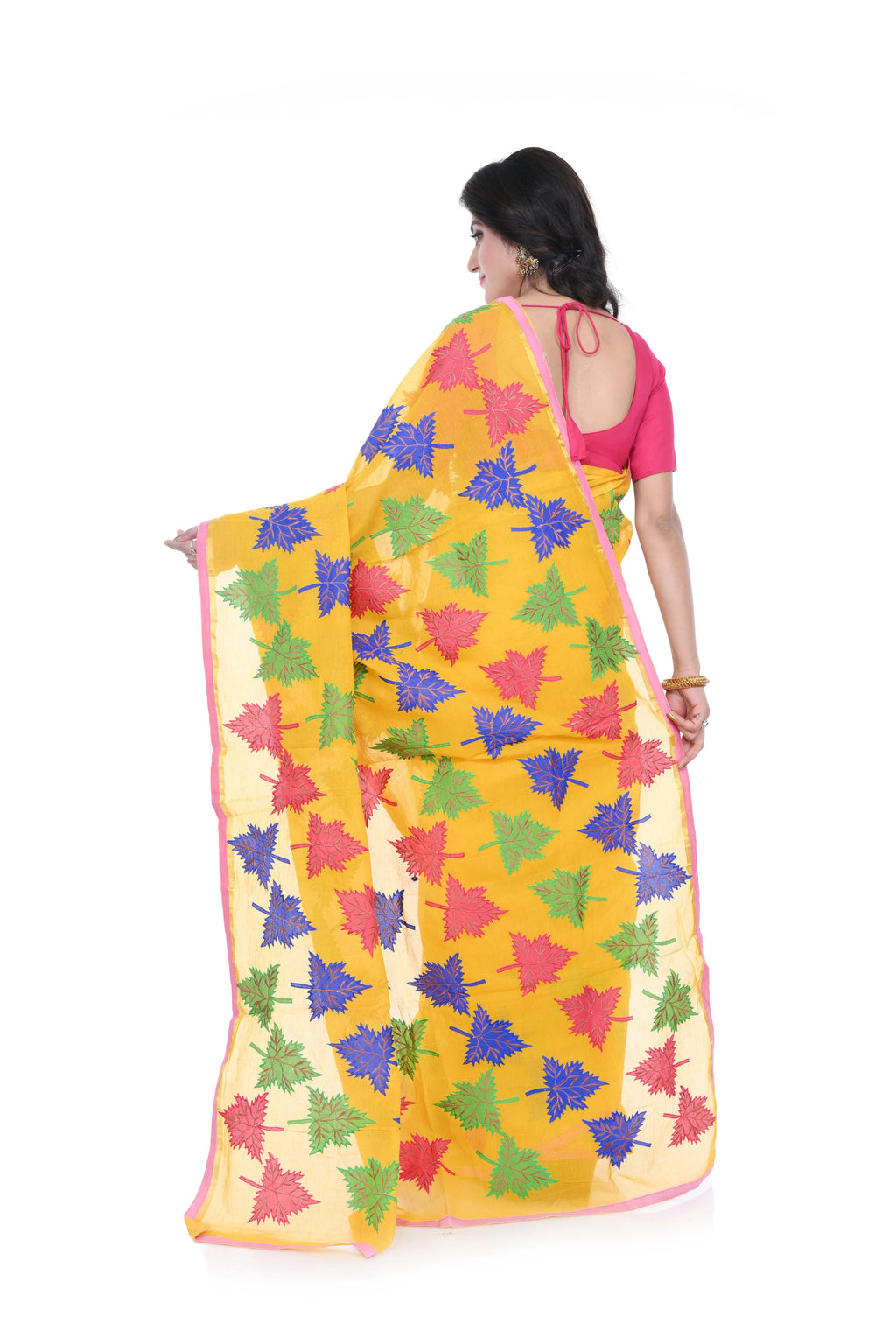 Yellow Cotton with Apple Leaf Applique Saree