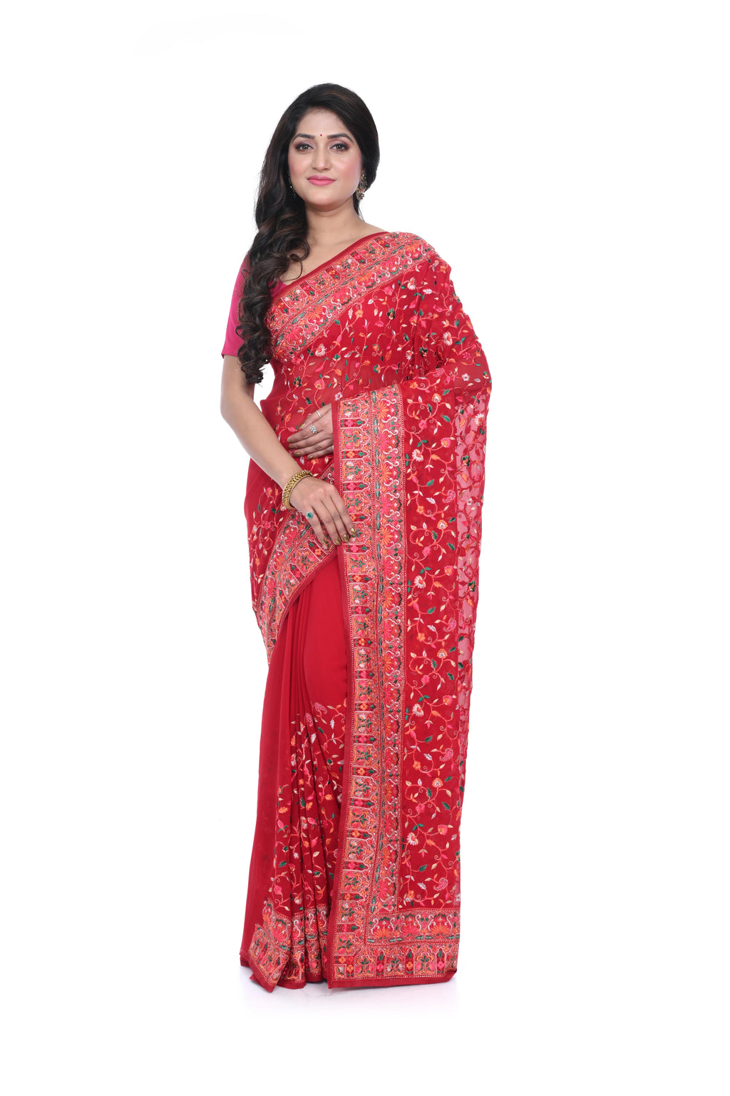 Red Georgette Saree with Kashmiri Worked