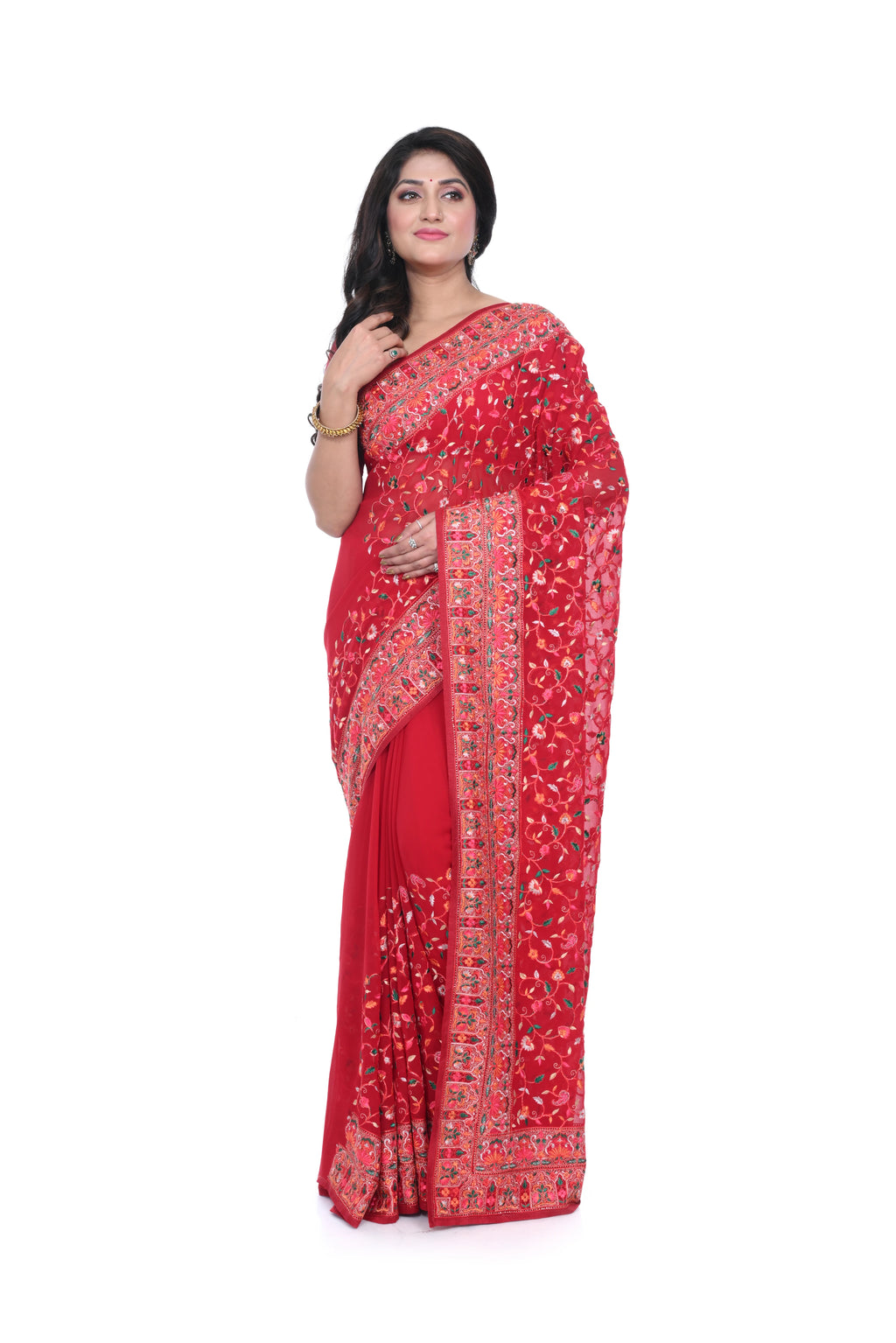 Red Georgette Saree with Kashmiri Worked