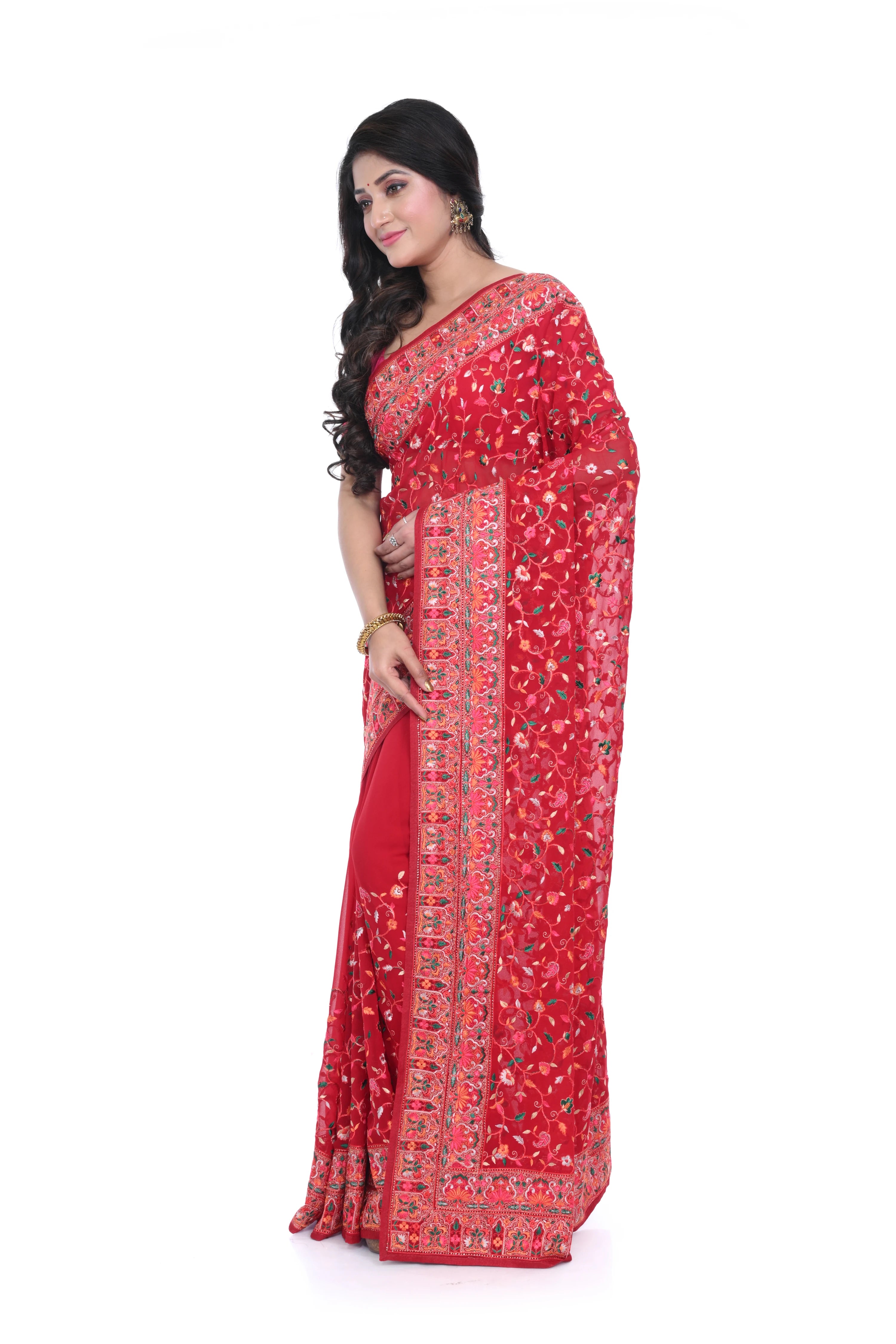 Red Georgette Saree with Kashmiri Worked