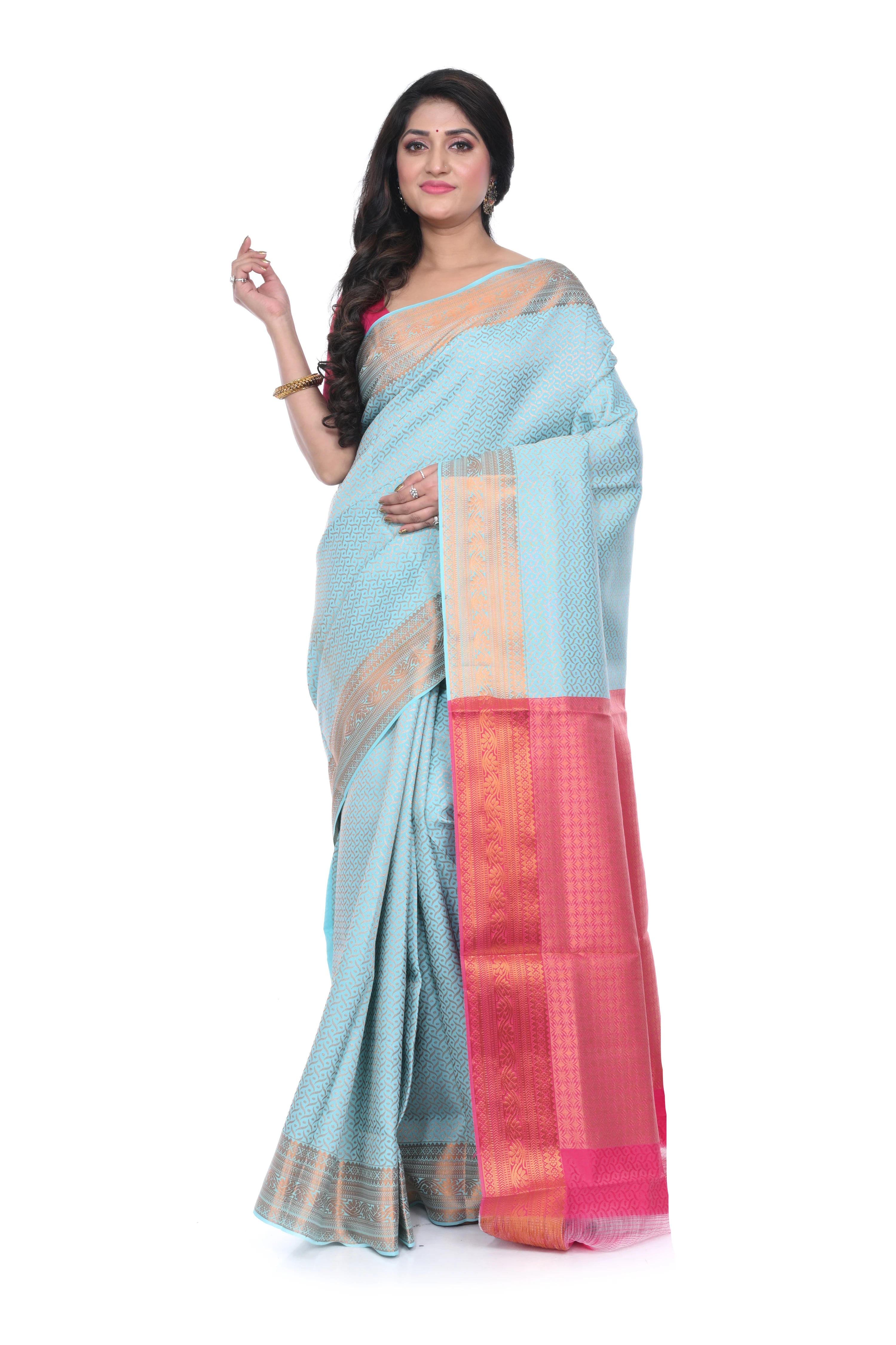 Sky Blue Pattu Saree with Pink Border