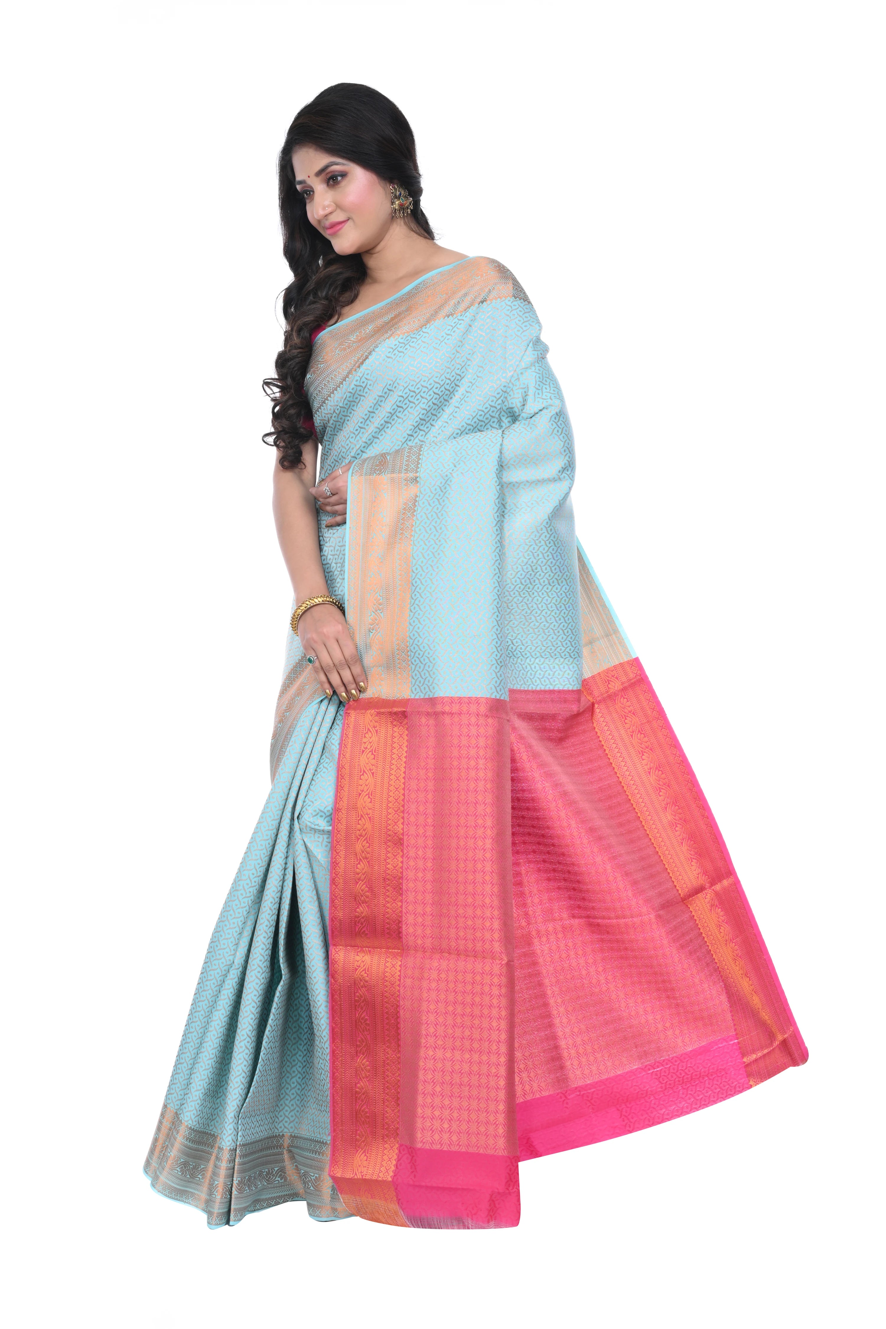 Sky Blue Pattu Saree with Pink Border