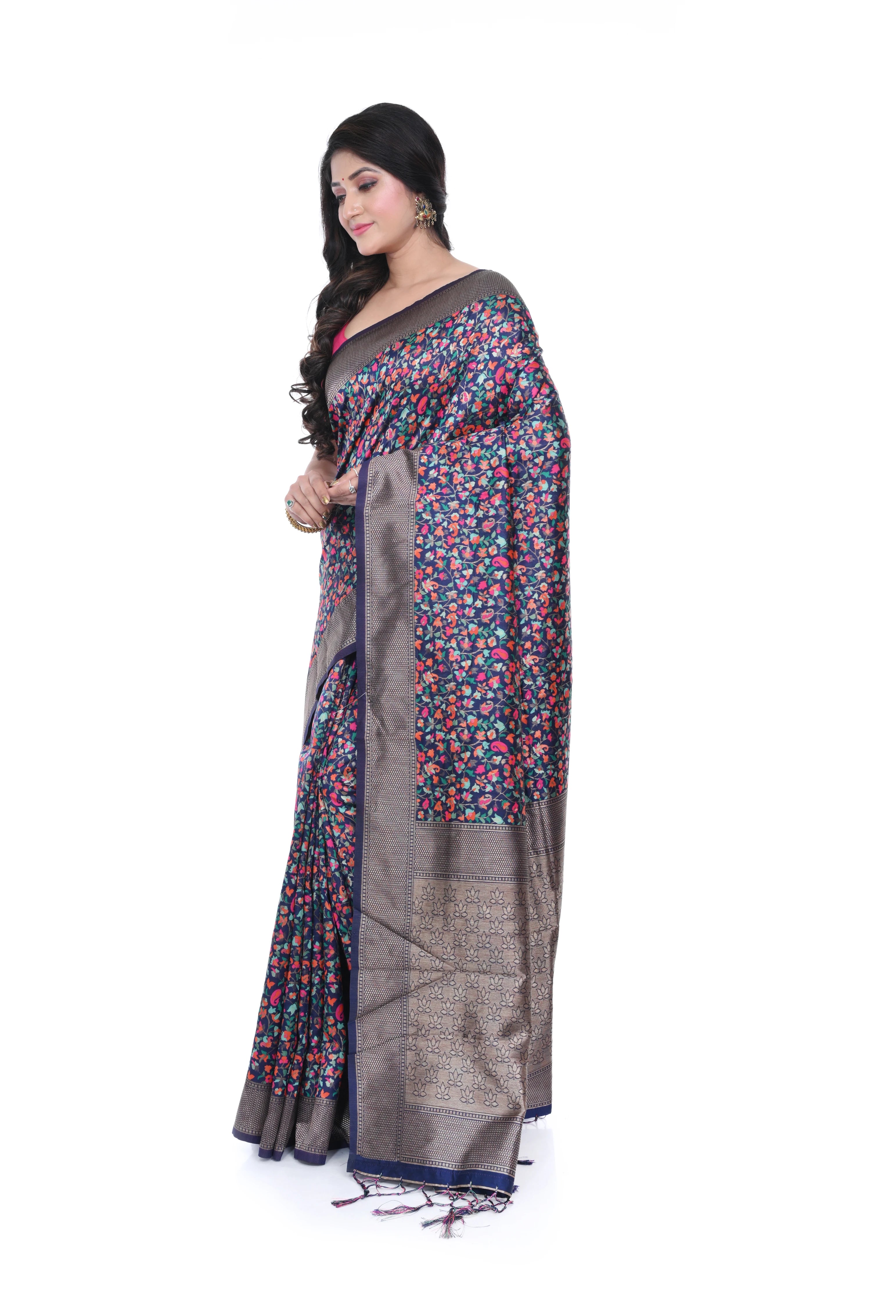 Ajrakh Print Russian Silk Saree with Zari Border
