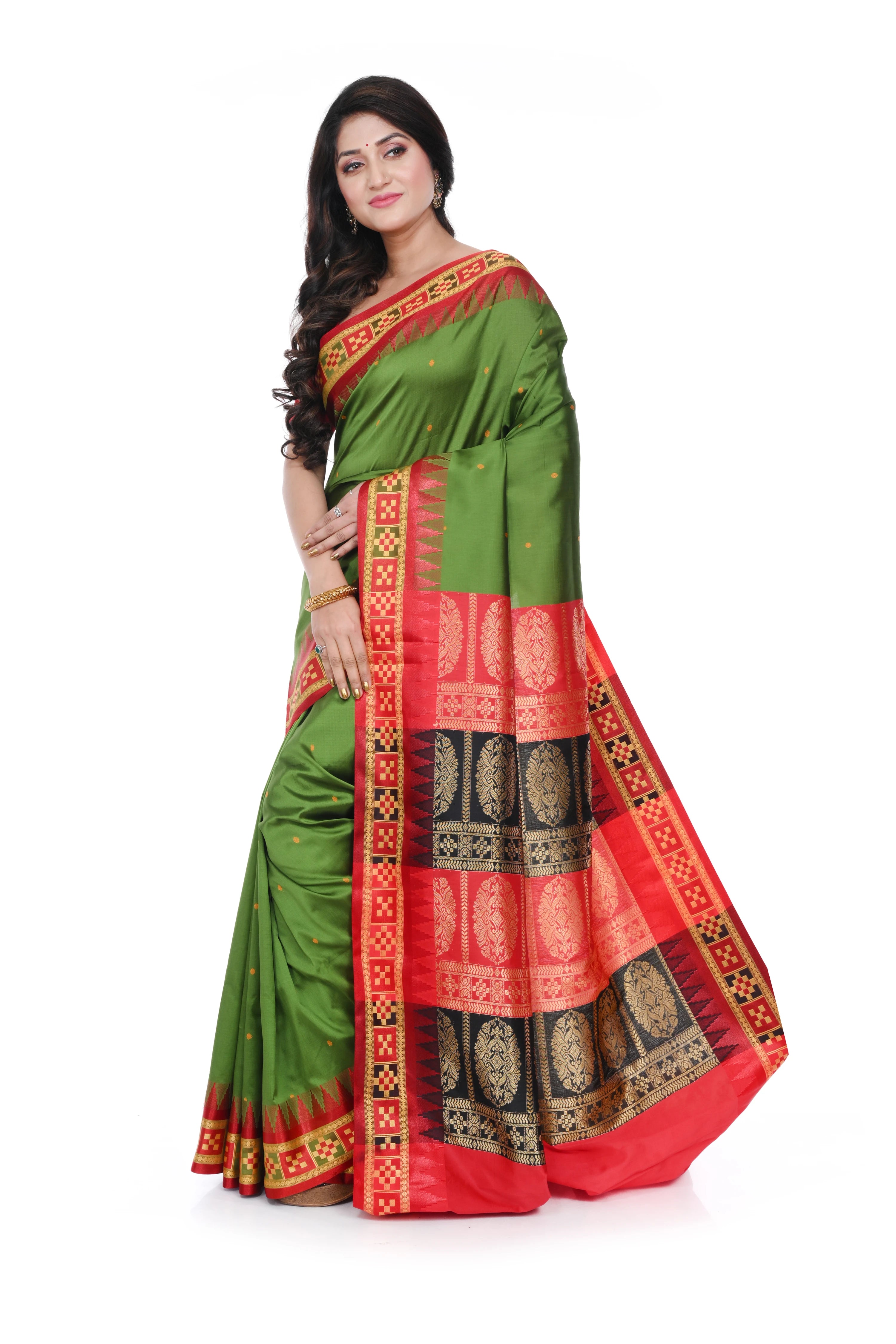 Sambalpuri Silk Replica Saree with Double Pallu Green Coloured