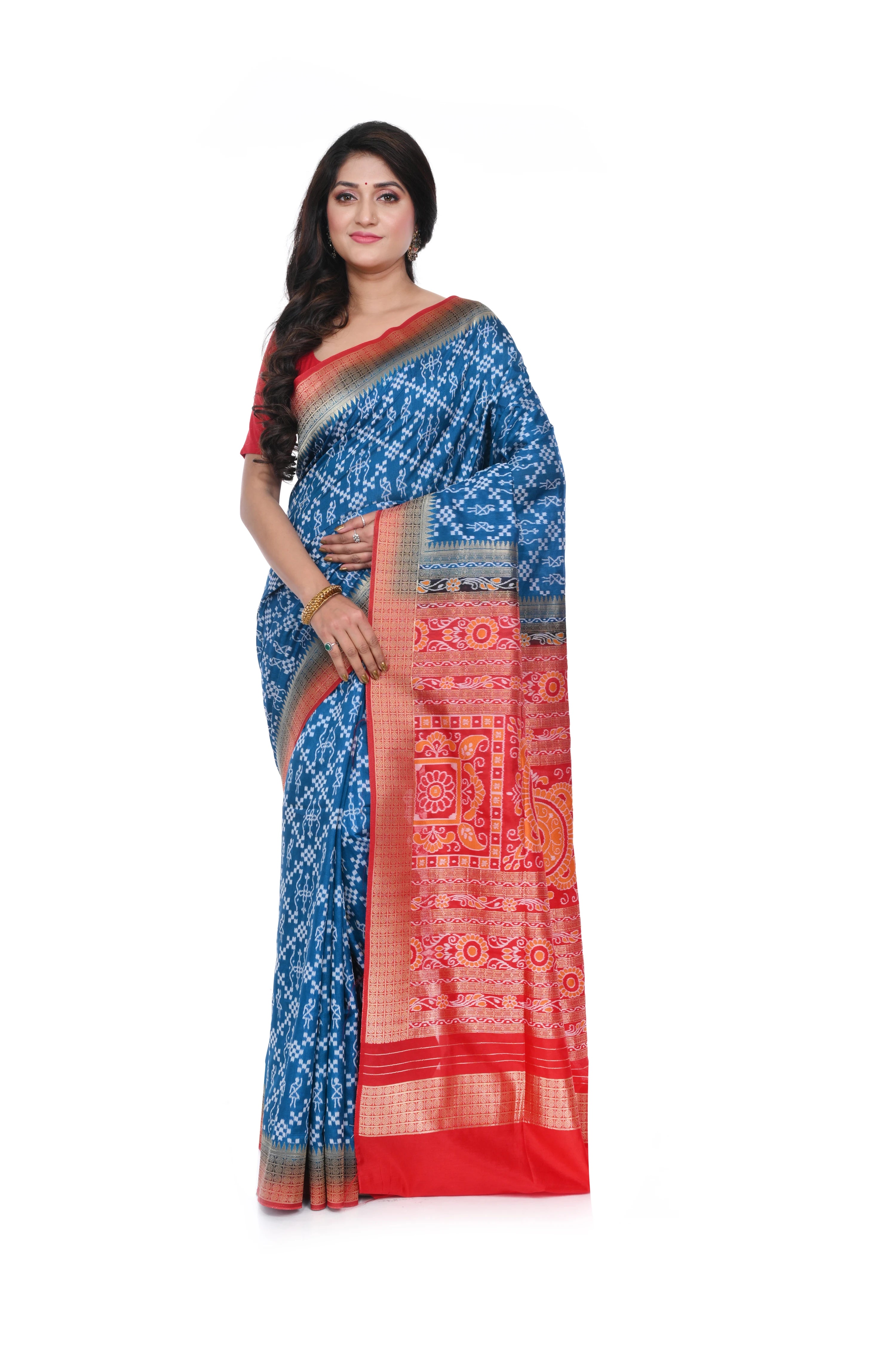 Koraput Silk Blue Coloured Saree with Red Pallu and Border