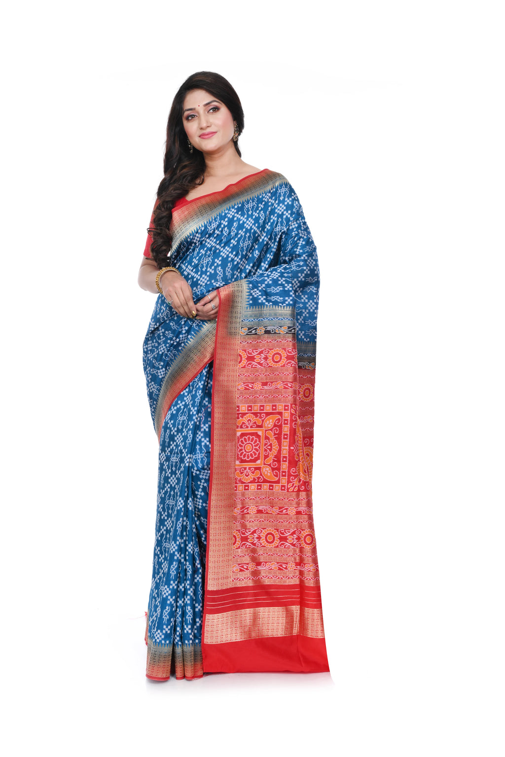 Koraput Silk Blue Coloured Saree with Red Pallu and Border
