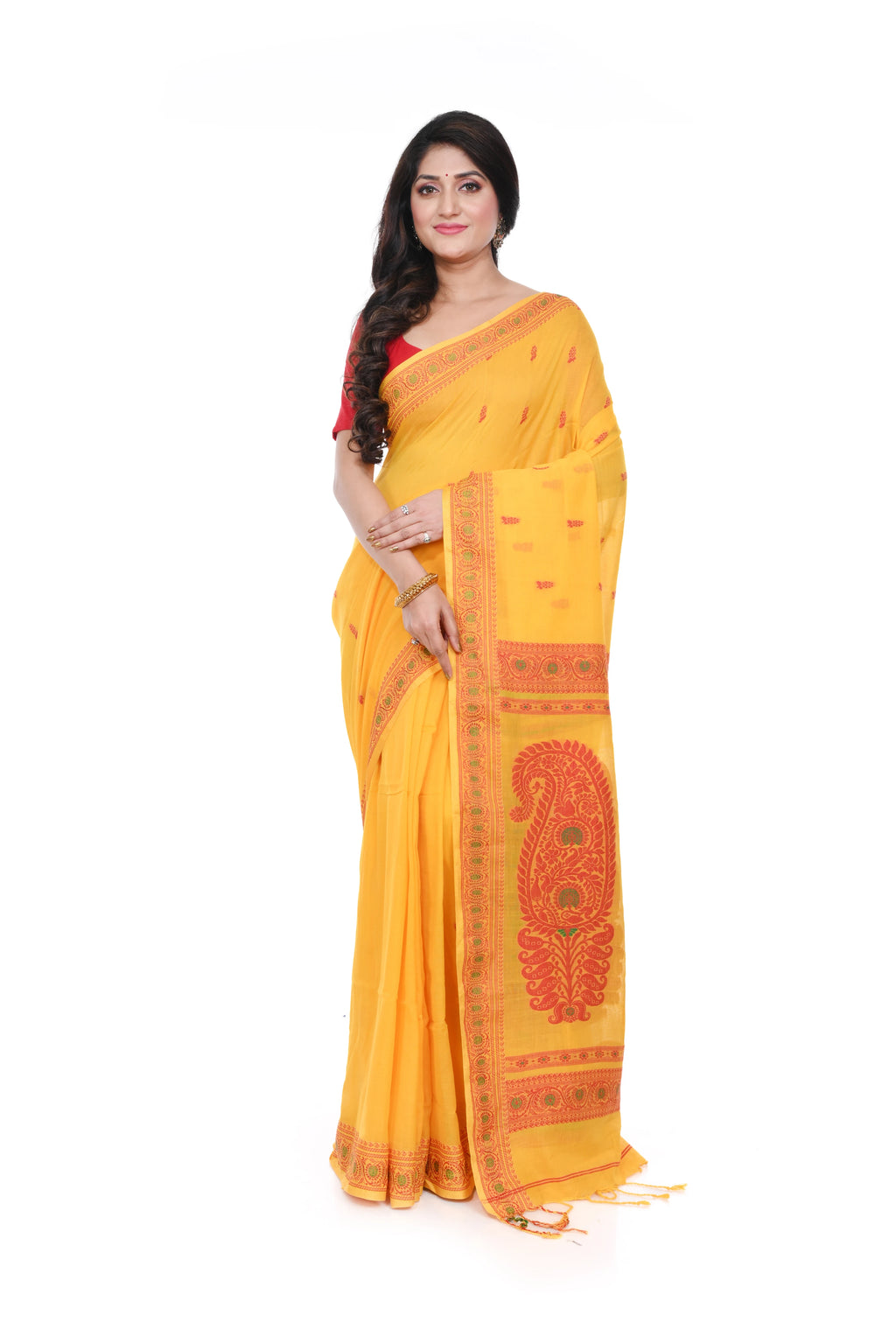 Yellow Cotton Baluchori Saree with Red Border and Pallu