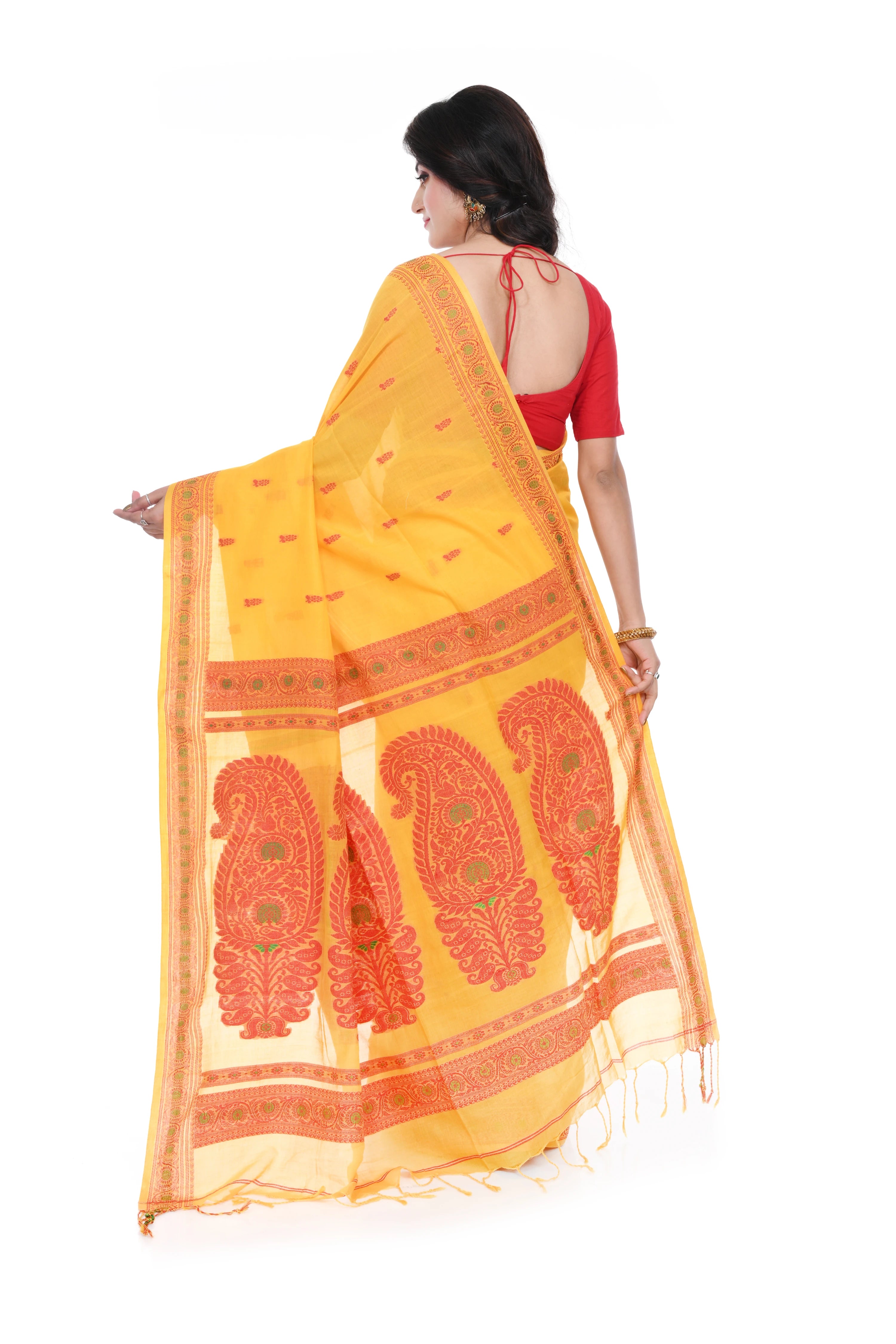 Yellow Cotton Baluchori Saree with Red Border and Pallu