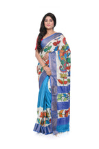 Pure Zari Border Tussar Paint Kantha Saree with Tarquish Blue Coloured