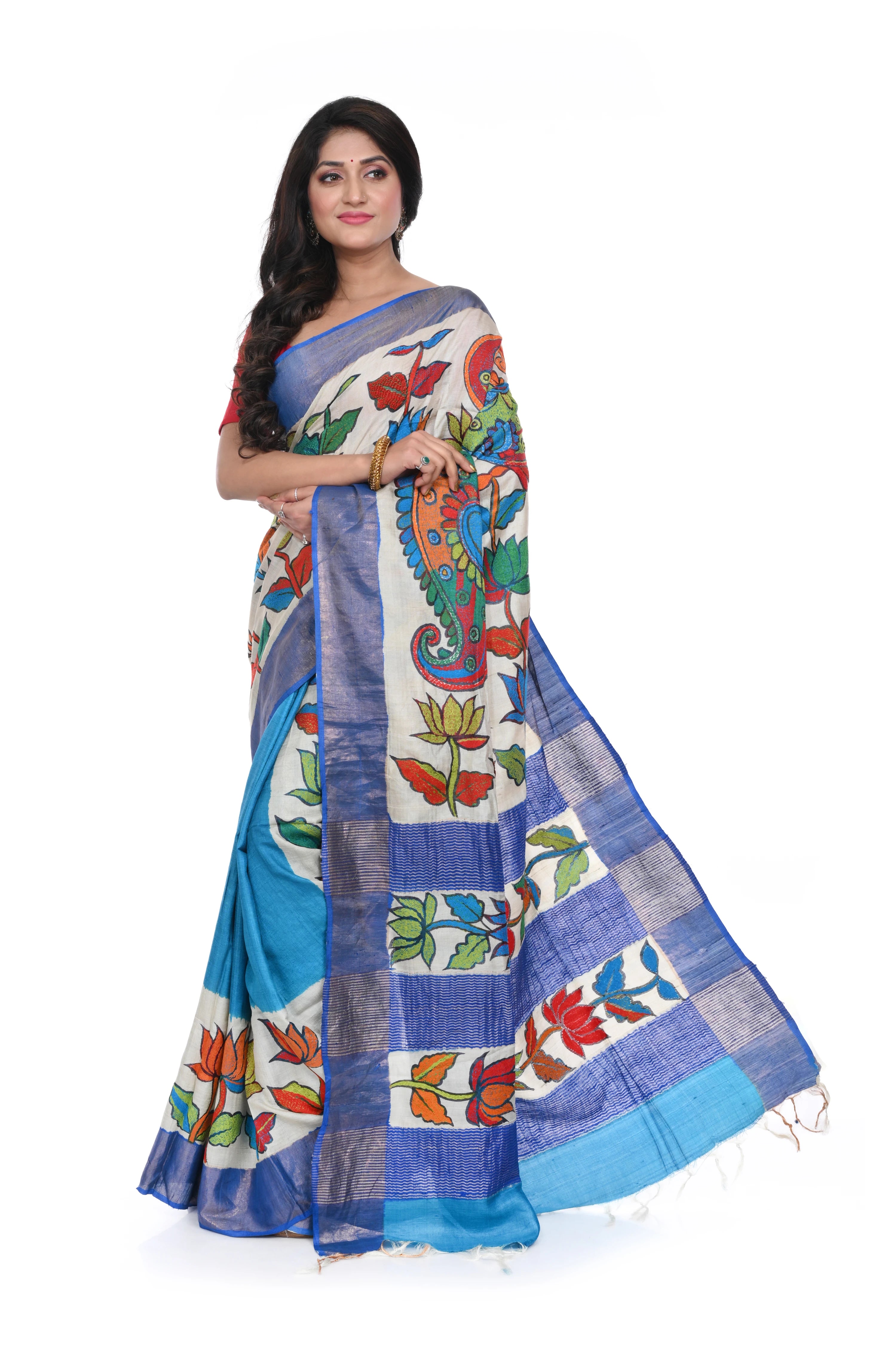 Pure Zari Border Tussar Paint Kantha Saree with Tarquish Blue Coloured