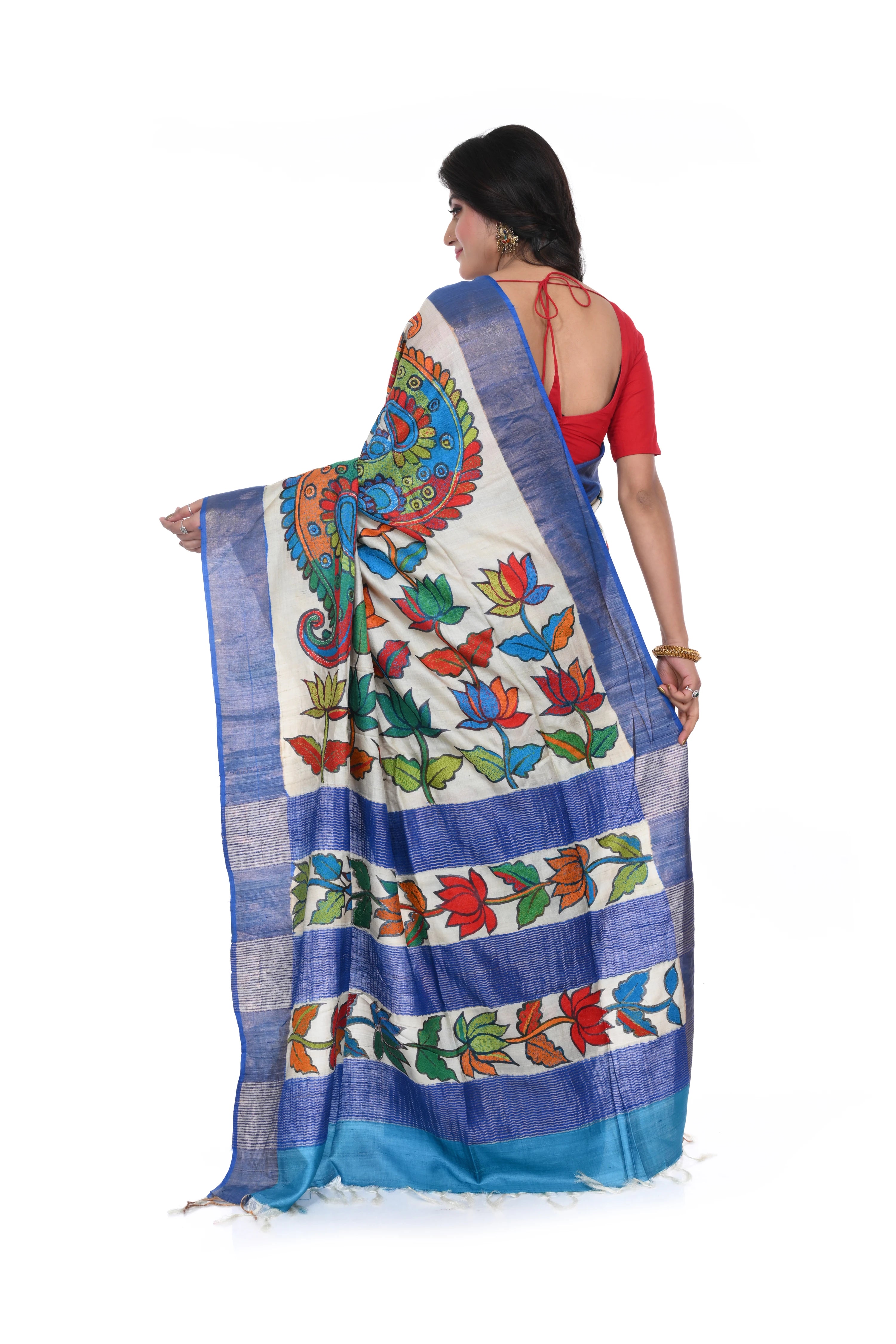 Pure Zari Border Tussar Paint Kantha Saree with Tarquish Blue Coloured