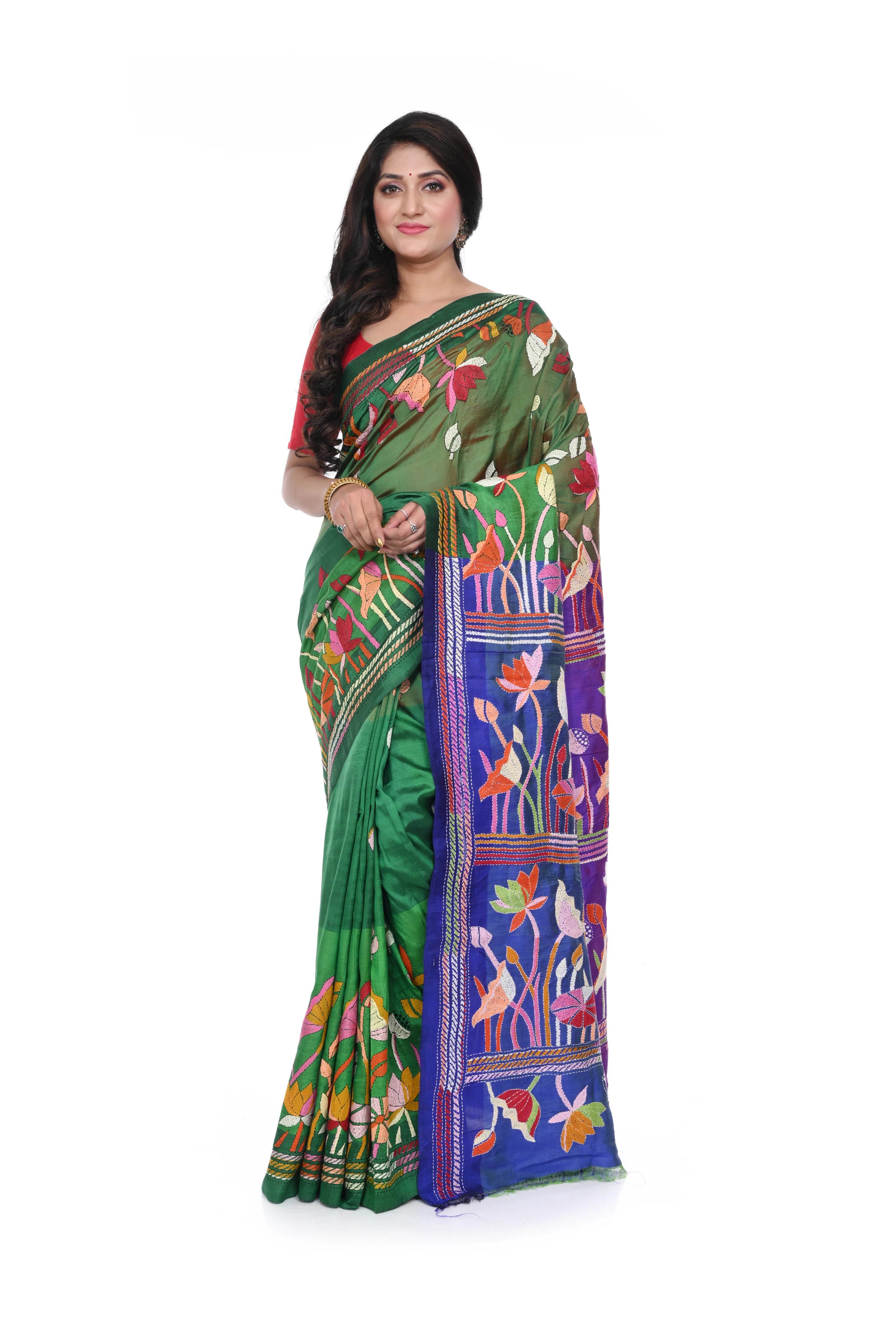Kantha Lotus Motif Saree on Bishnupuri katan Silk