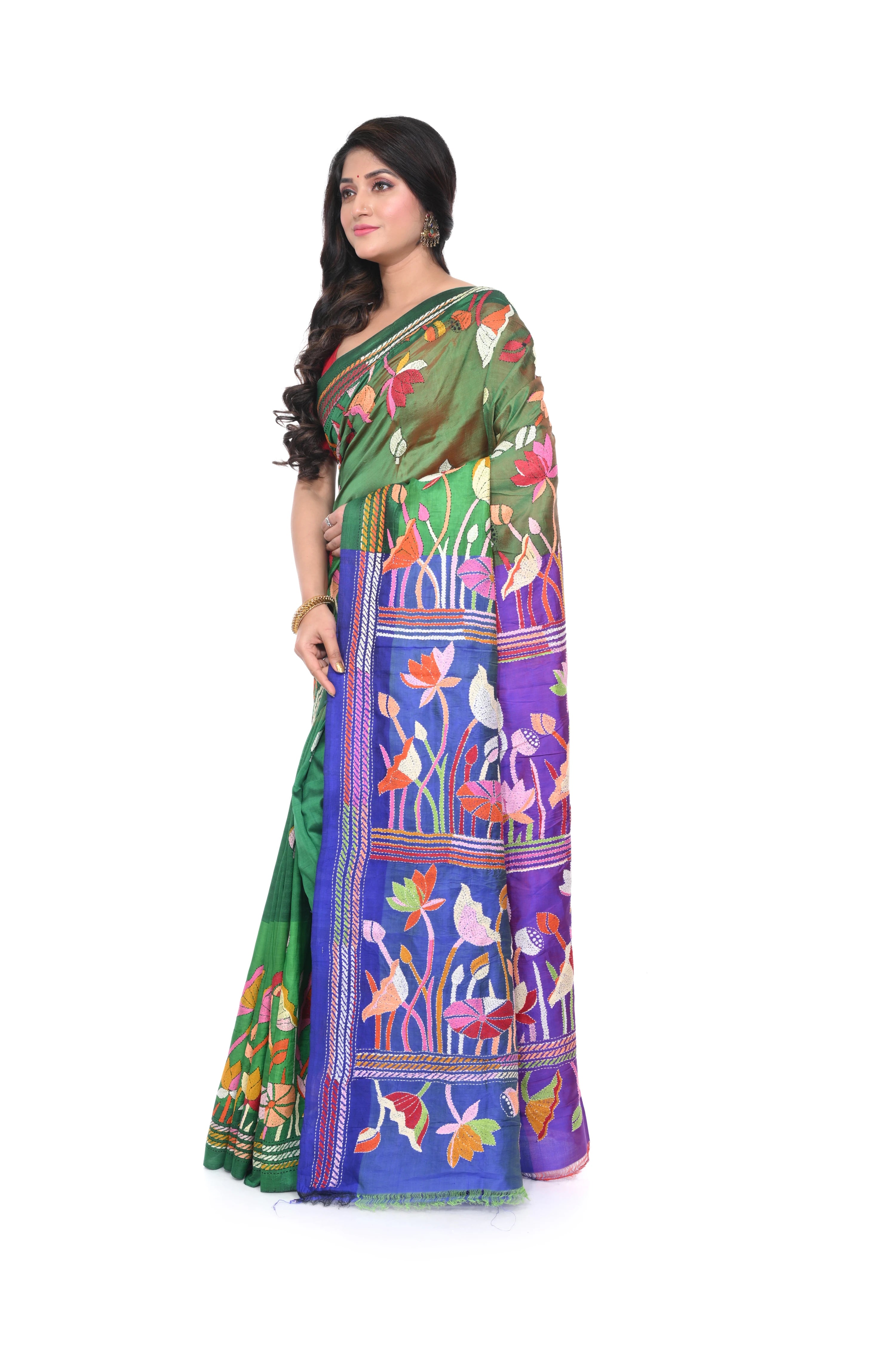Kantha Lotus Motif Saree on Bishnupuri katan Silk