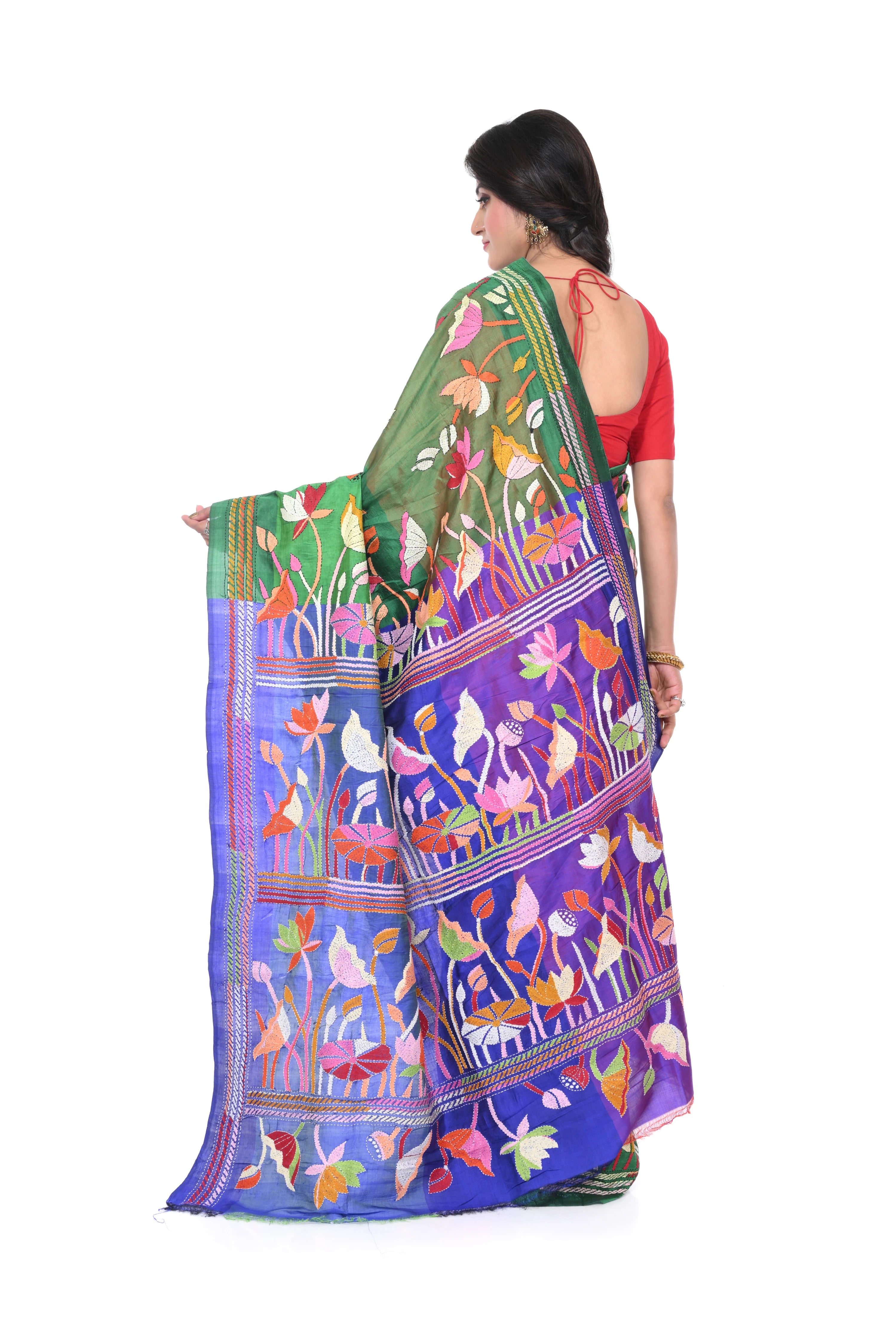 Kantha Lotus Motif Saree on Bishnupuri katan Silk