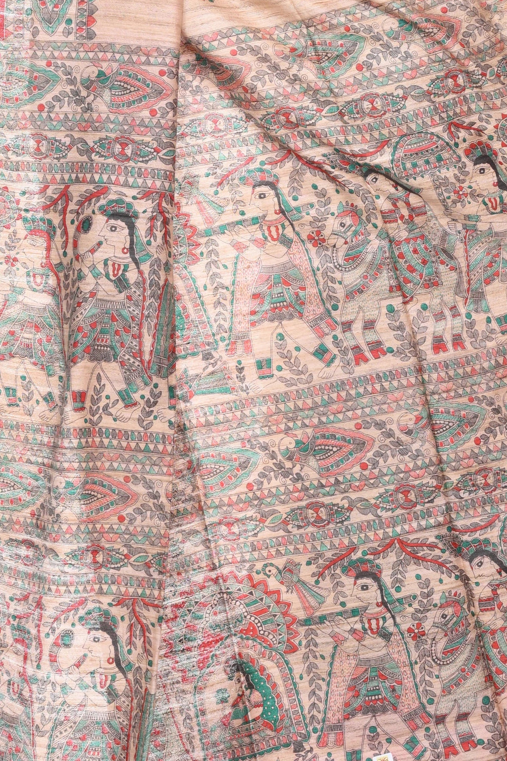 Pure Ghicha Silk Saree with Red Border Madhubani Painted