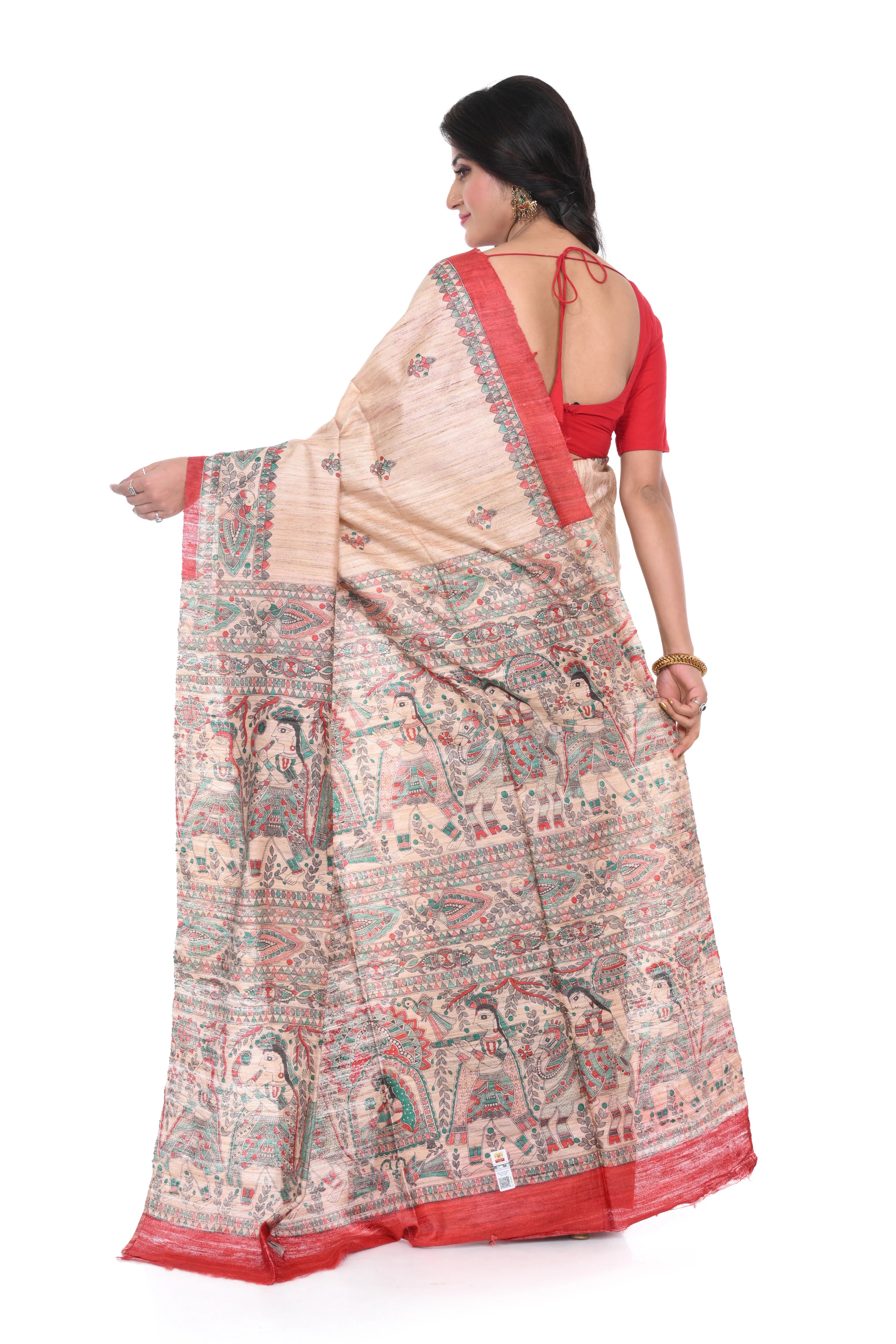 Pure Ghicha Silk Saree with Red Border Madhubani Painted