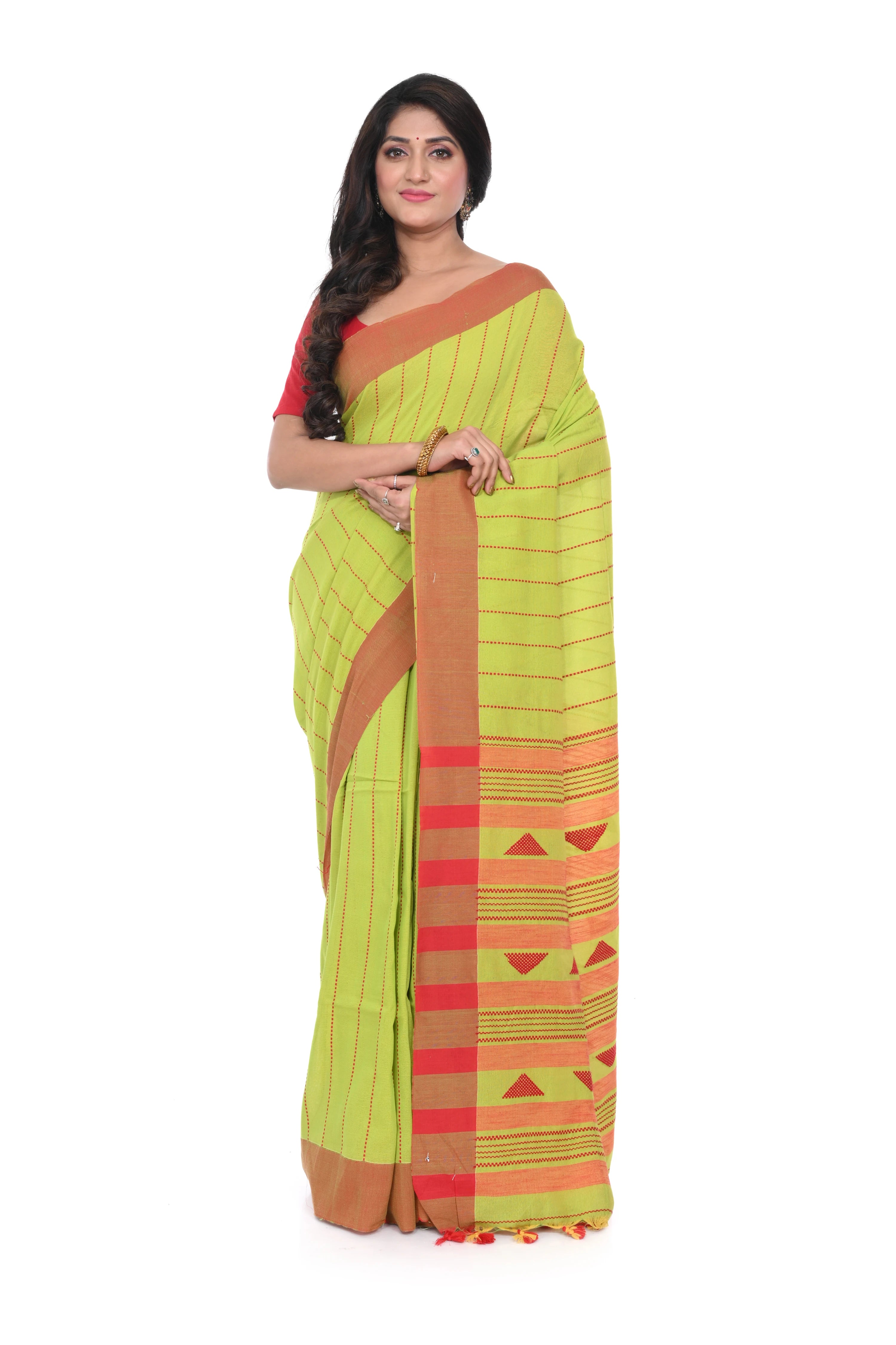 Light Green Handloom Saree with Red Border and Red Stripe Pallu with Geometric Motif